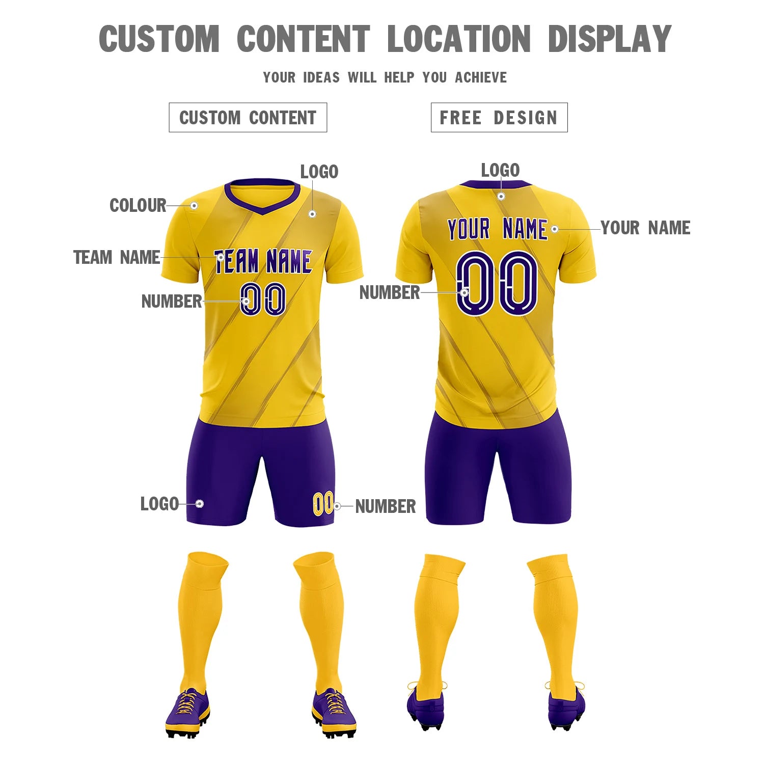 Custom Gold01 Purple Printing Sportswear Soccer Sets Jersey