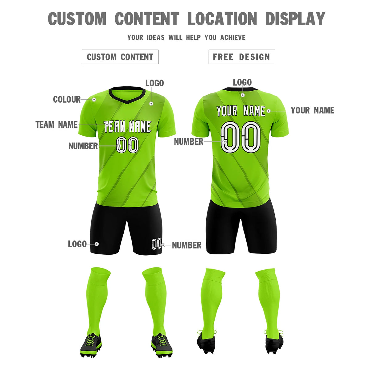 Custom Neon Green Black Printing Sportswear Soccer Sets Jersey