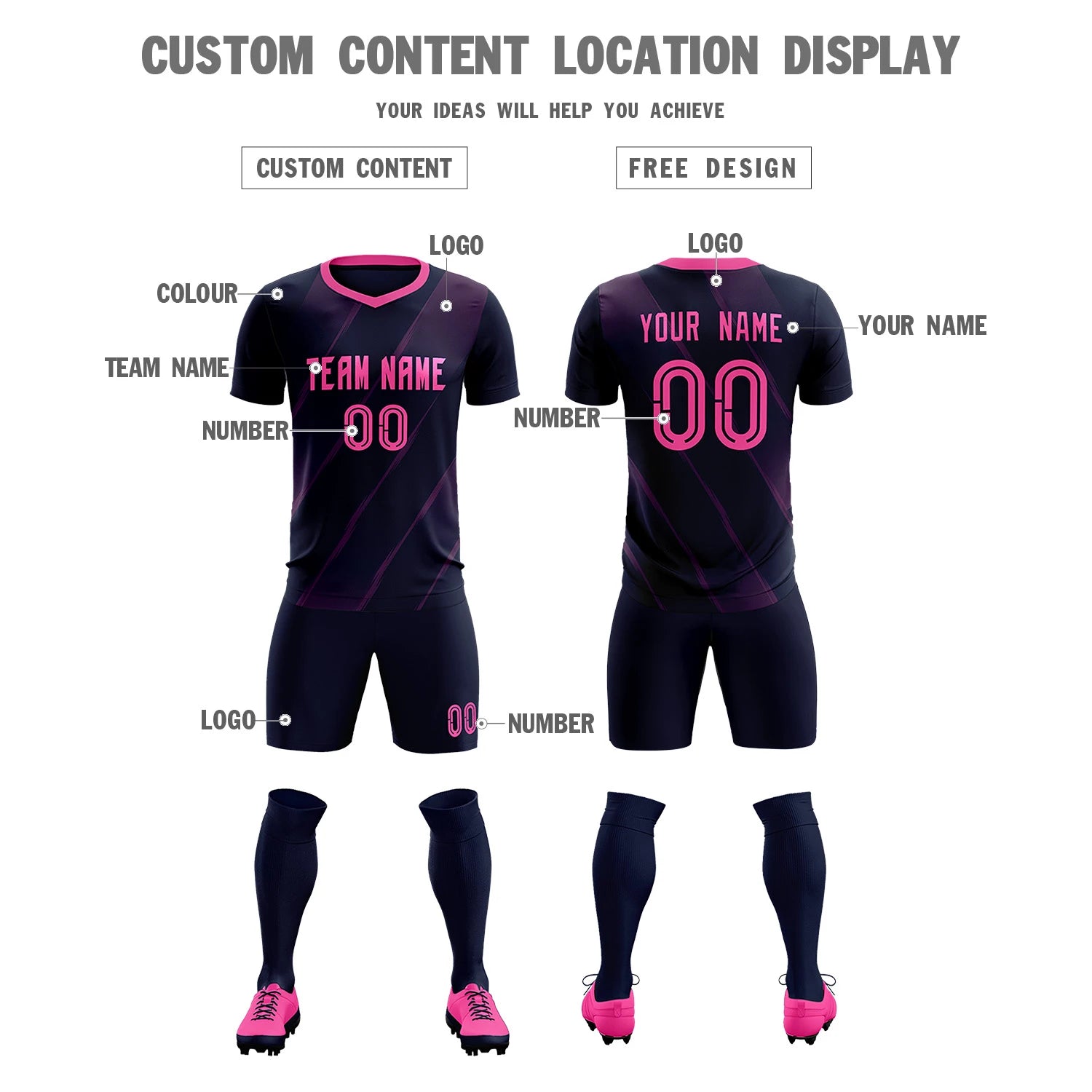 Custom Navy Pink Printing Sportswear Soccer Sets Jersey