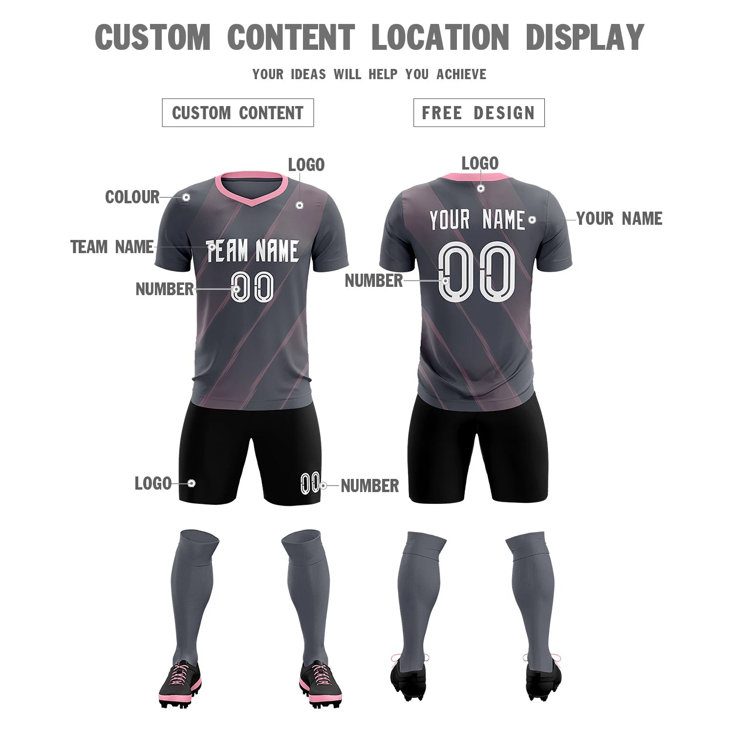 Custom Dark Gray Light Pink Printing Sportswear Soccer Sets Jersey