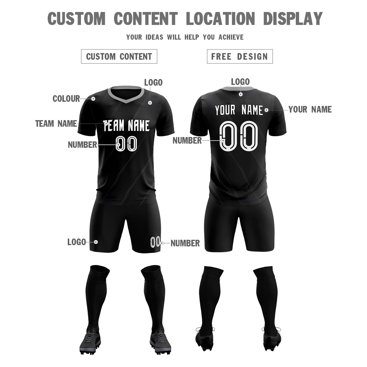 Custom Black Gray Printing Sportswear Soccer Sets Jersey