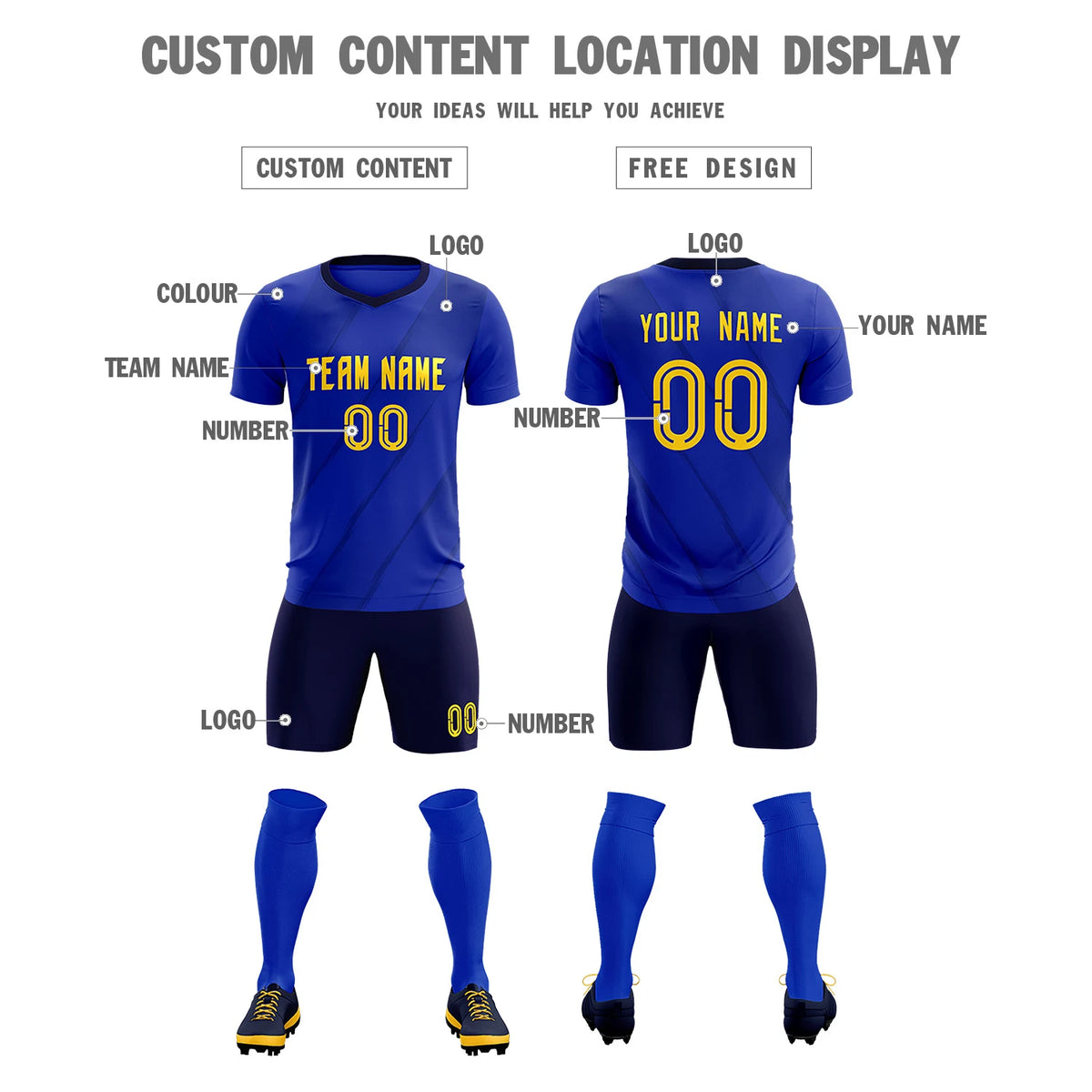 Custom Royal Blue Navy Printing Sportswear Soccer Sets Jersey