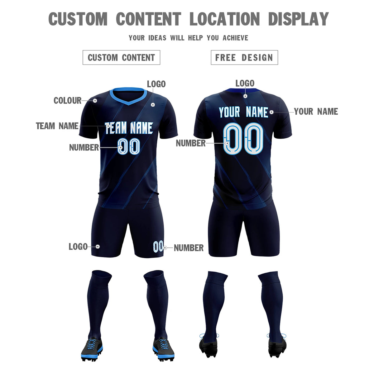 Custom Navy Powder Blue Printing Sportswear Soccer Sets Jersey