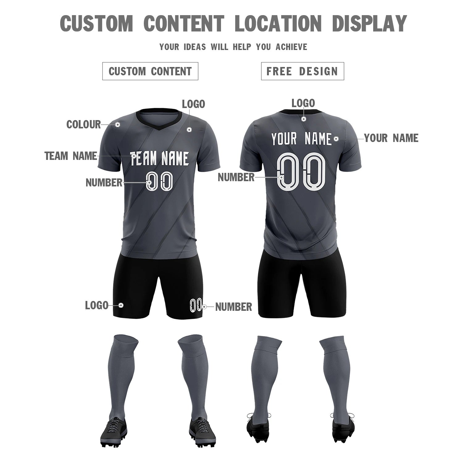 Custom Dark Gray Black Printing Sportswear Soccer Sets Jersey