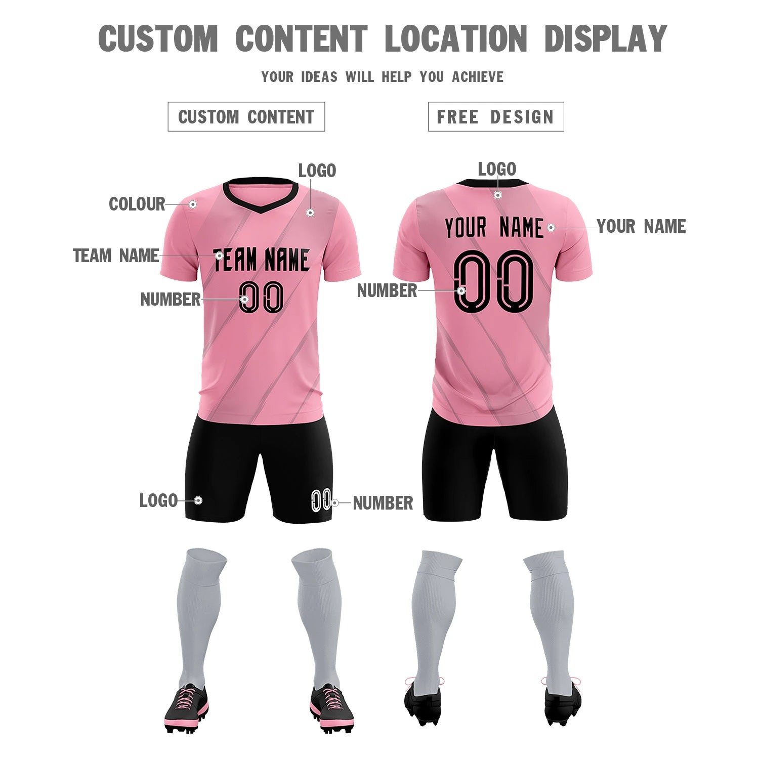 Custom Pink Gray Printing Sportswear Soccer Sets Jersey