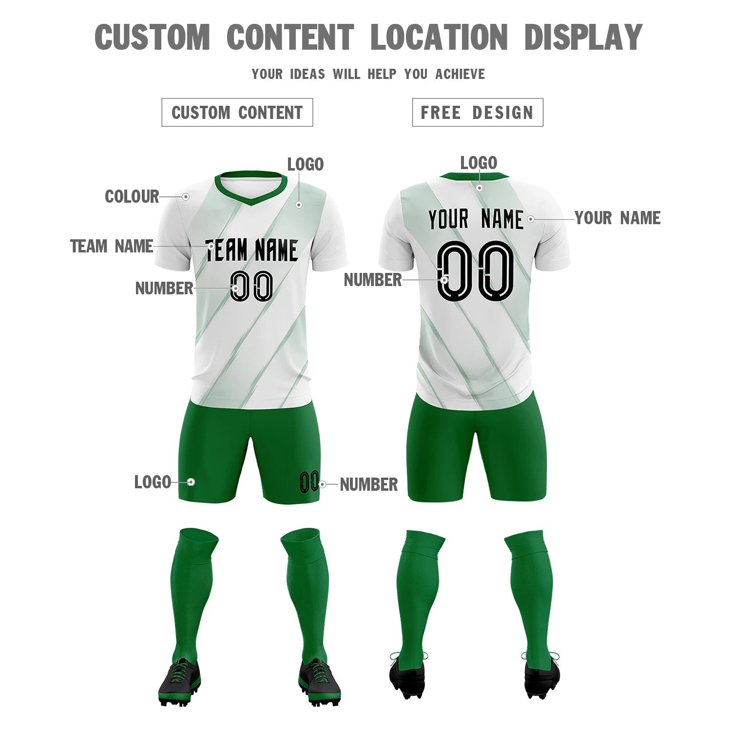 Custom White Kelly Green Printing Sportswear Soccer Sets Jersey
