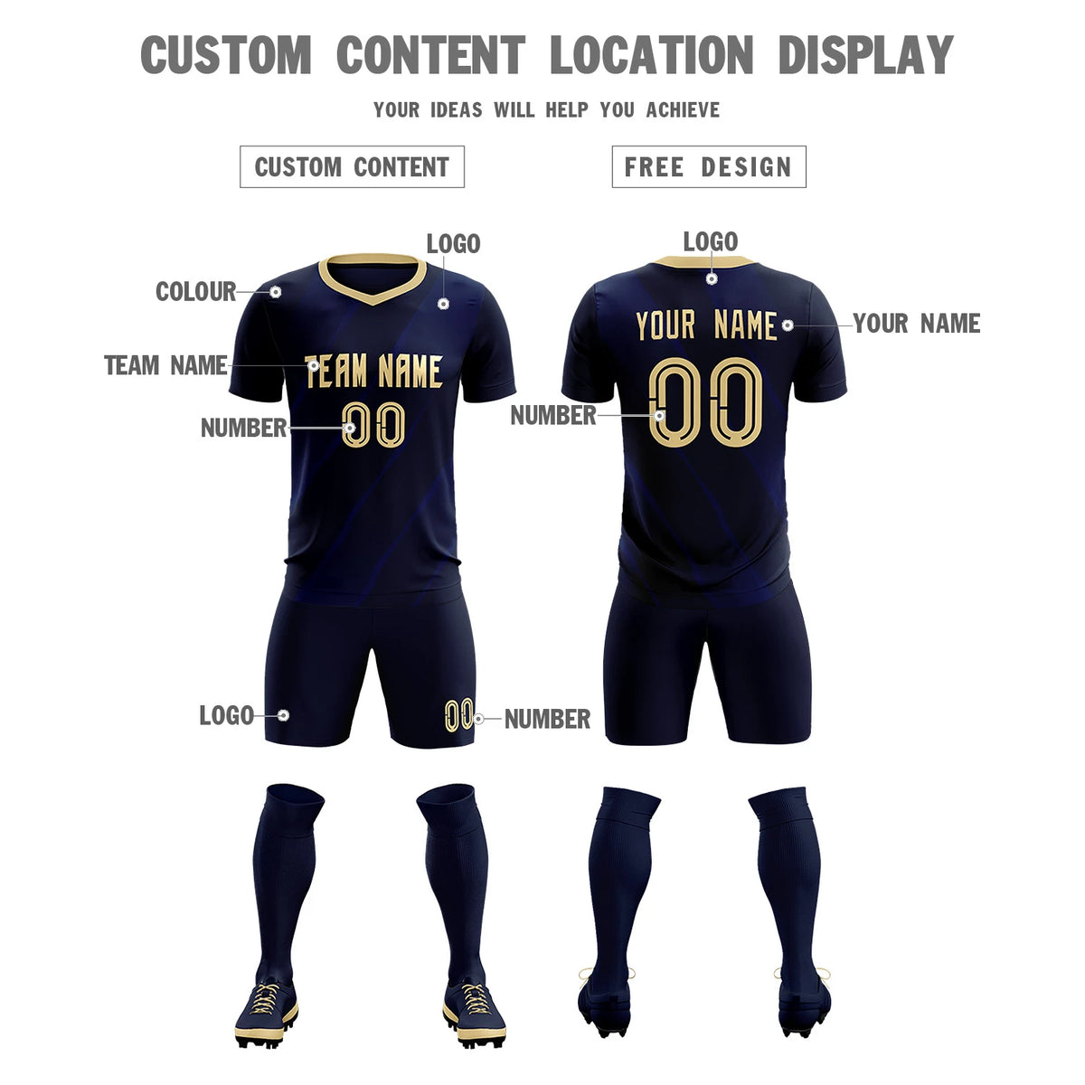 Custom Navy Khaki Printing Sportswear Soccer Sets Jersey