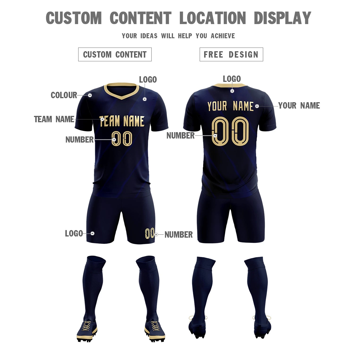 Custom Navy Khaki Printing Sportswear Soccer Sets Jersey