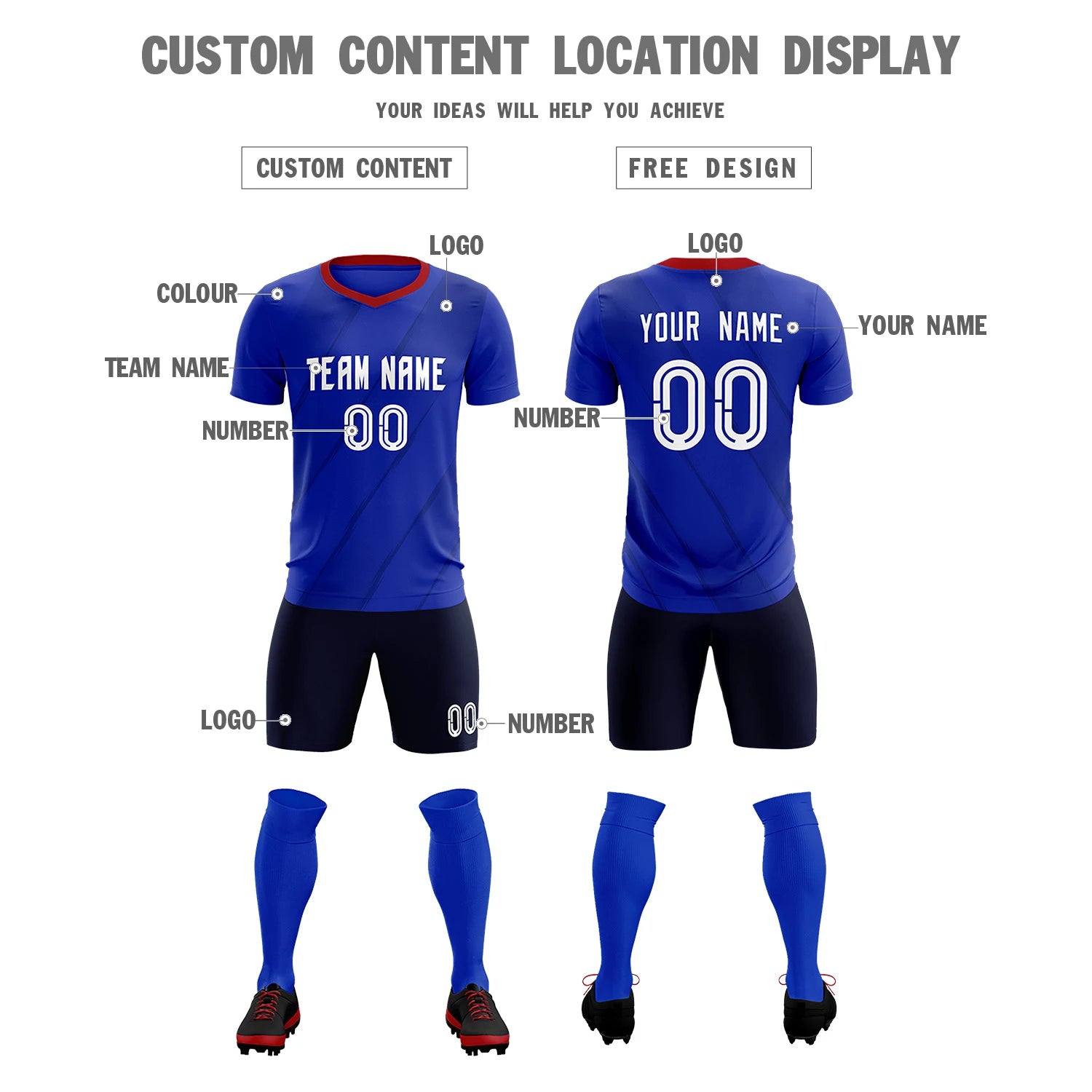 Custom Royal Blue Navy Printing Sportswear Soccer Sets Jersey