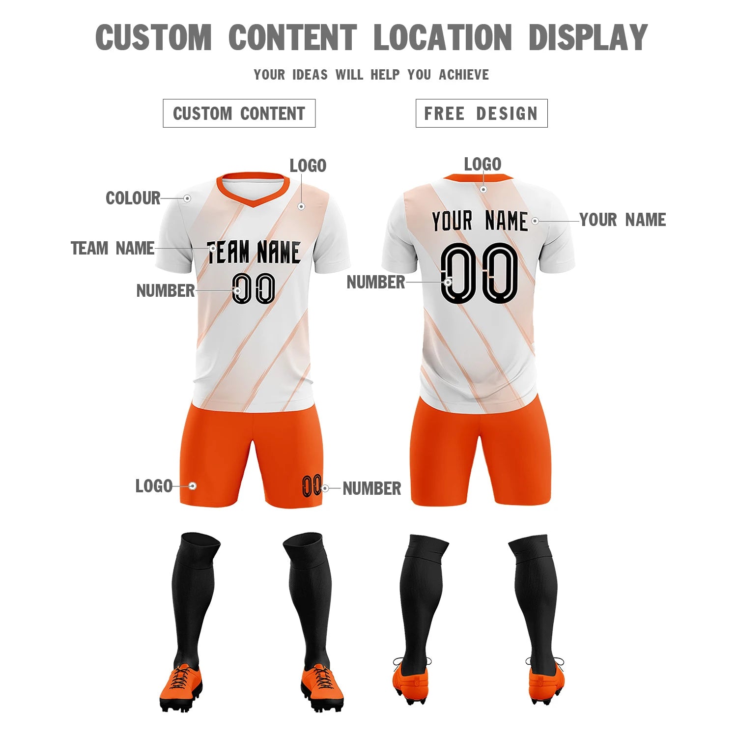 Custom White Orange Printing Sportswear Soccer Sets Jersey