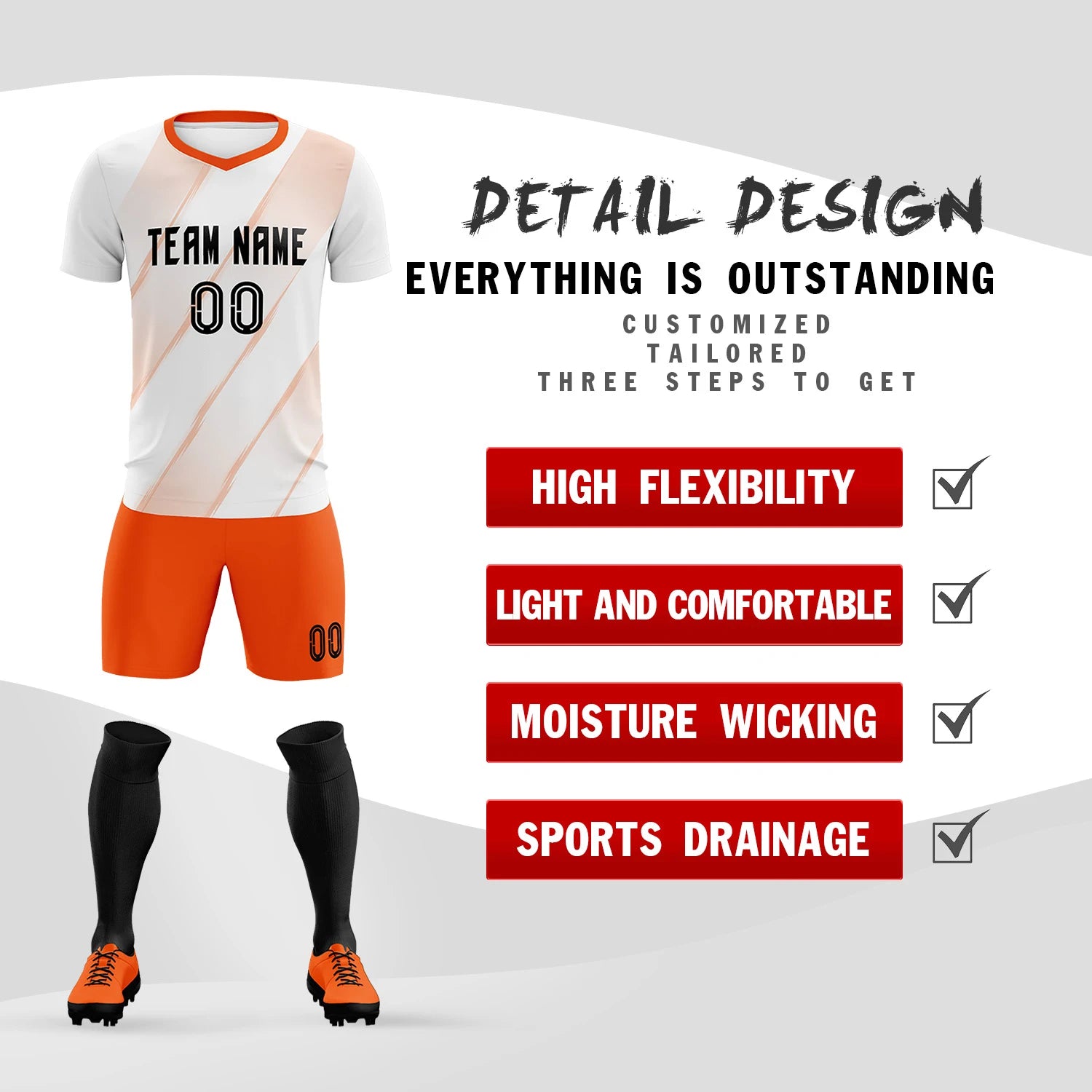 Custom White Orange Printing Sportswear Soccer Sets Jersey