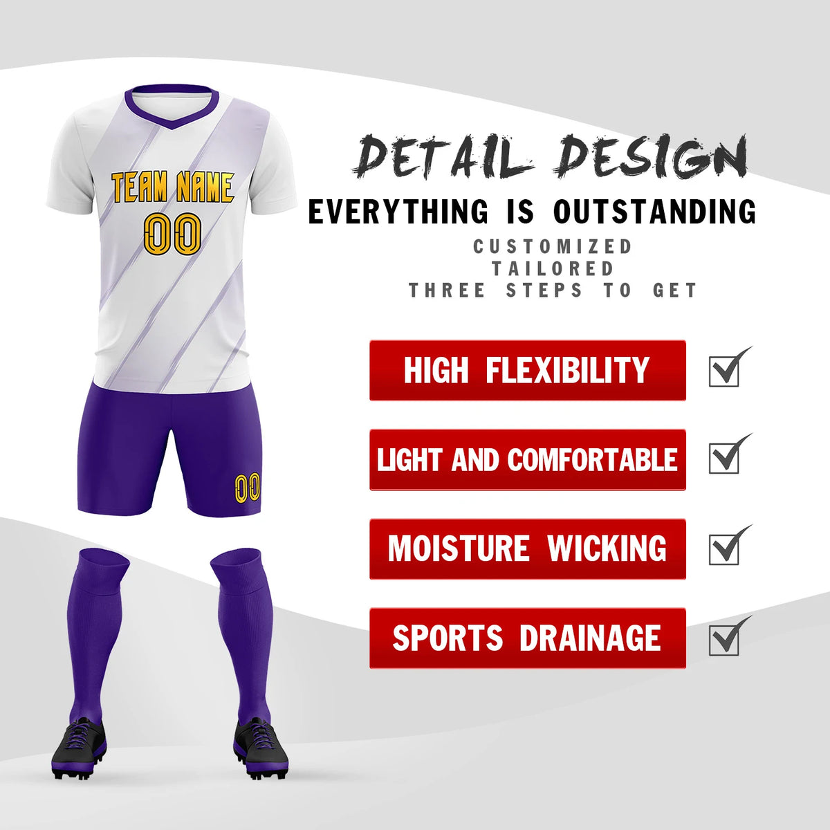 Custom White Purple Printing Sportswear Soccer Sets Jersey