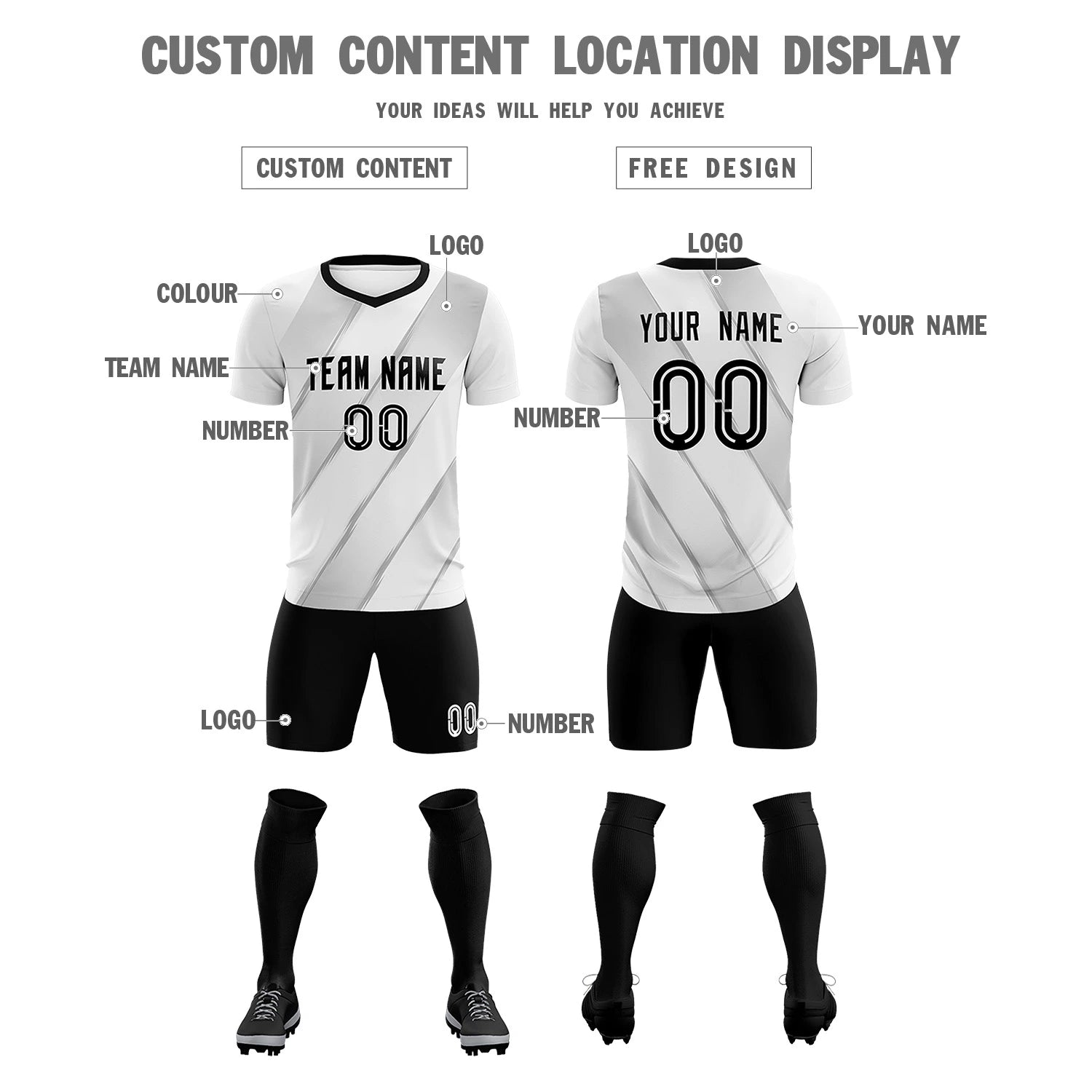 Custom White Black Printing Sportswear Soccer Sets Jersey