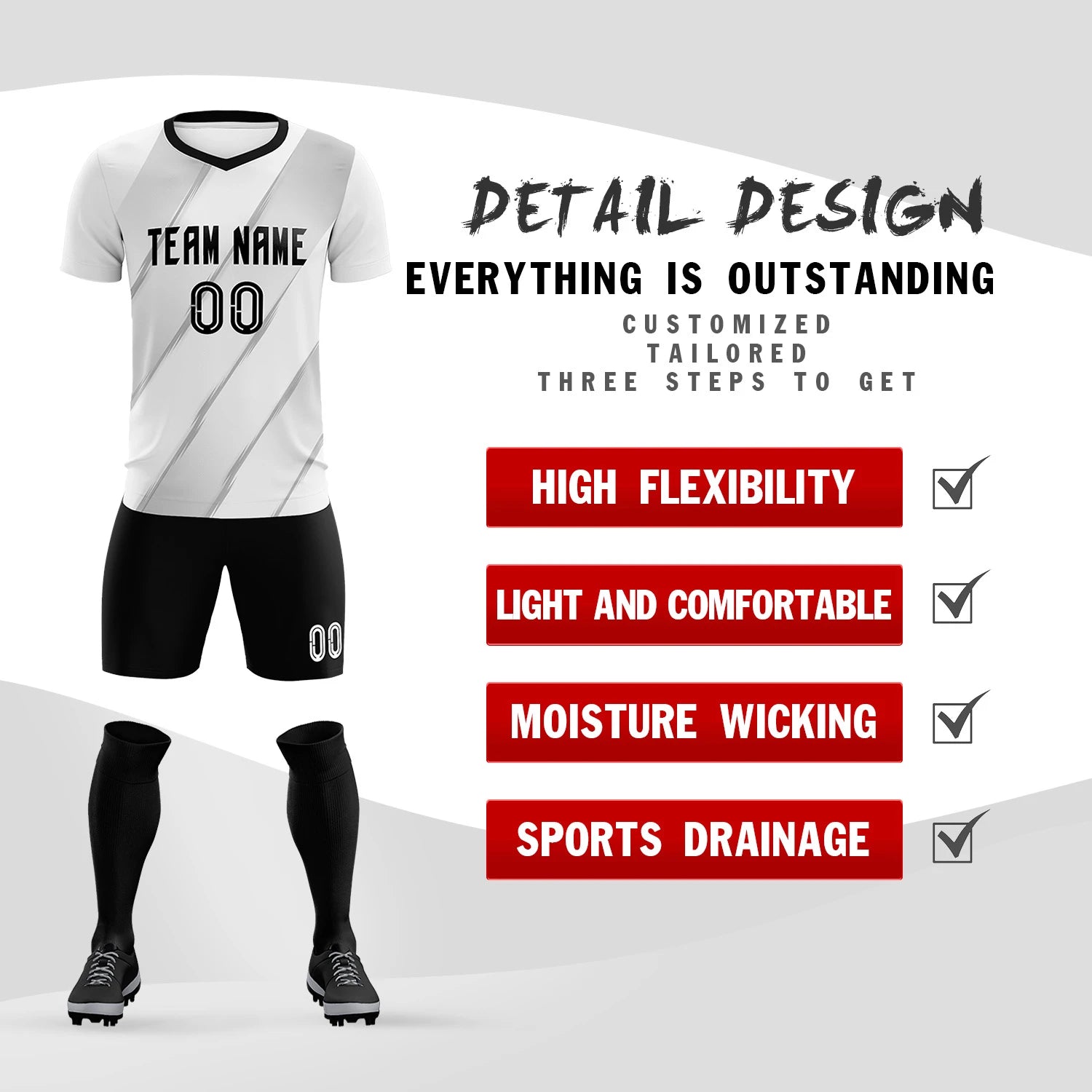 Custom White Black Printing Sportswear Soccer Sets Jersey