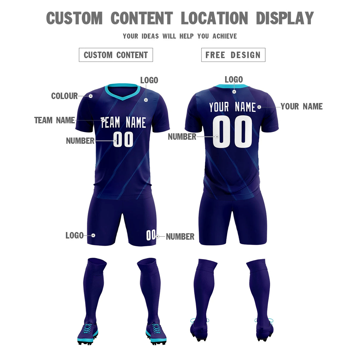 Custom Purple Sky Blue Printing Sportswear Soccer Sets Jersey