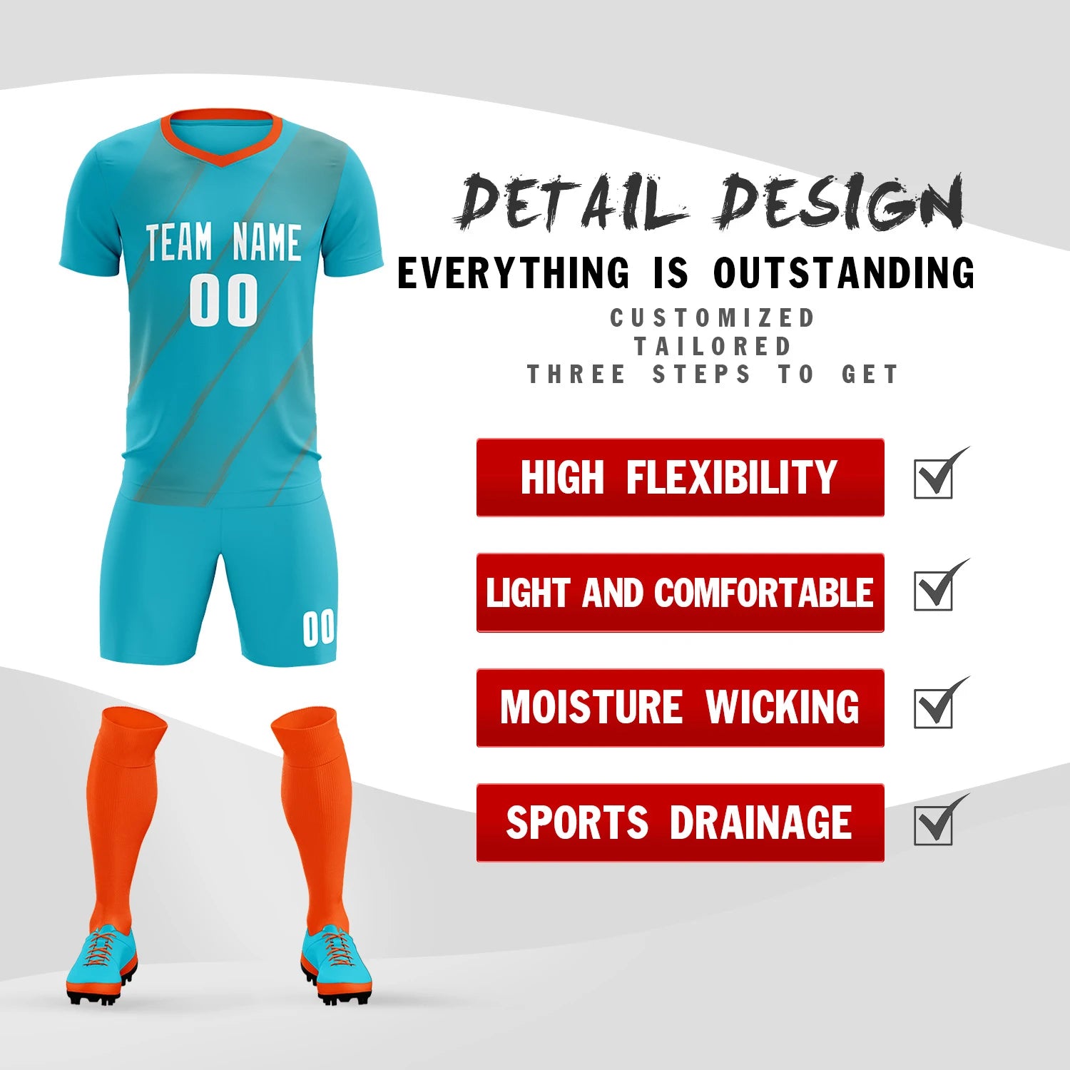 Custom Aqua Orange Printing Sportswear Soccer Sets Jersey