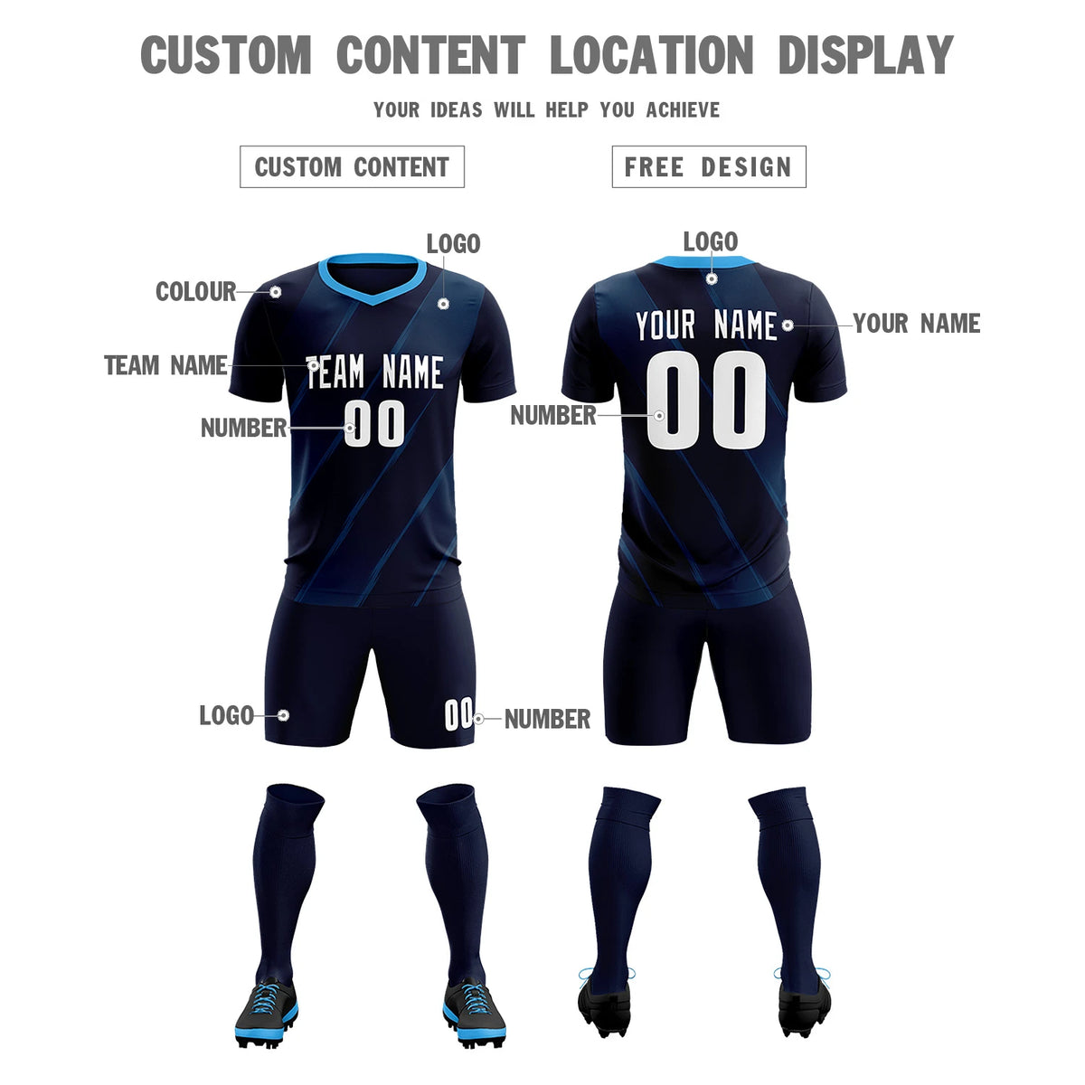 Custom Navy Powder Blue Printing Sportswear Soccer Sets Jersey