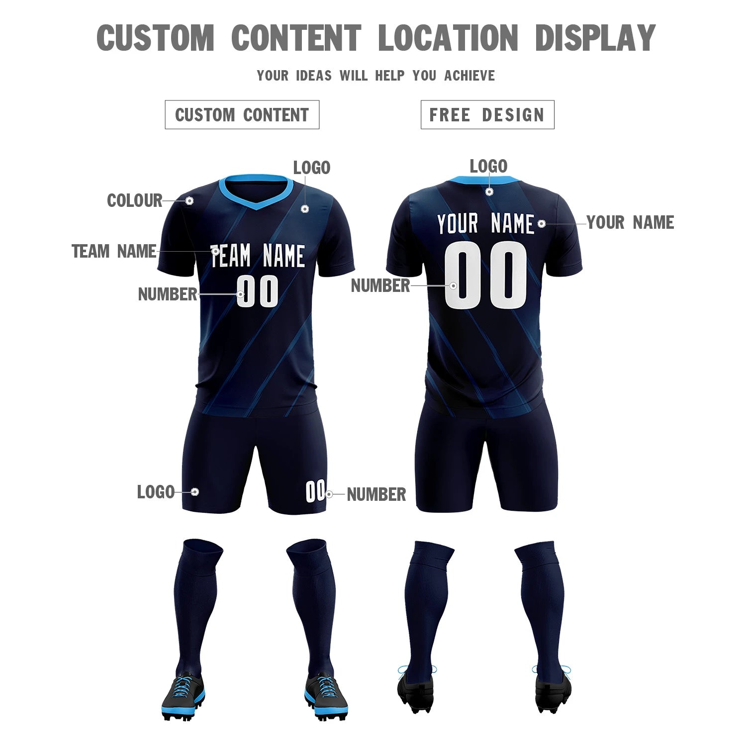 Custom Navy Powder Blue Printing Sportswear Soccer Sets Jersey