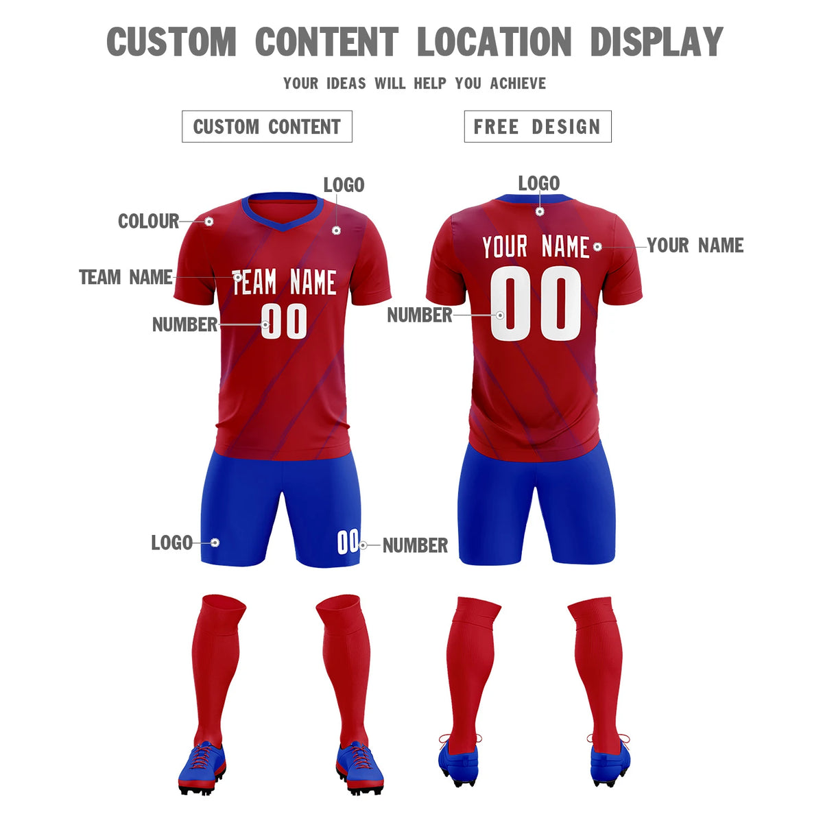 Custom Red Royal Blue Printing Sportswear Soccer Sets Jersey