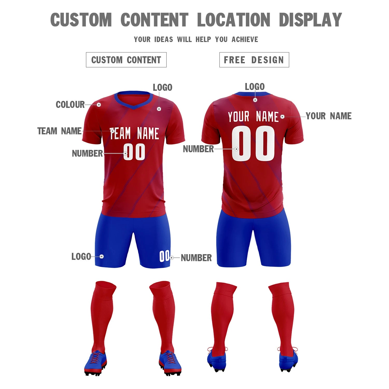 Custom Red Royal Blue Printing Sportswear Soccer Sets Jersey
