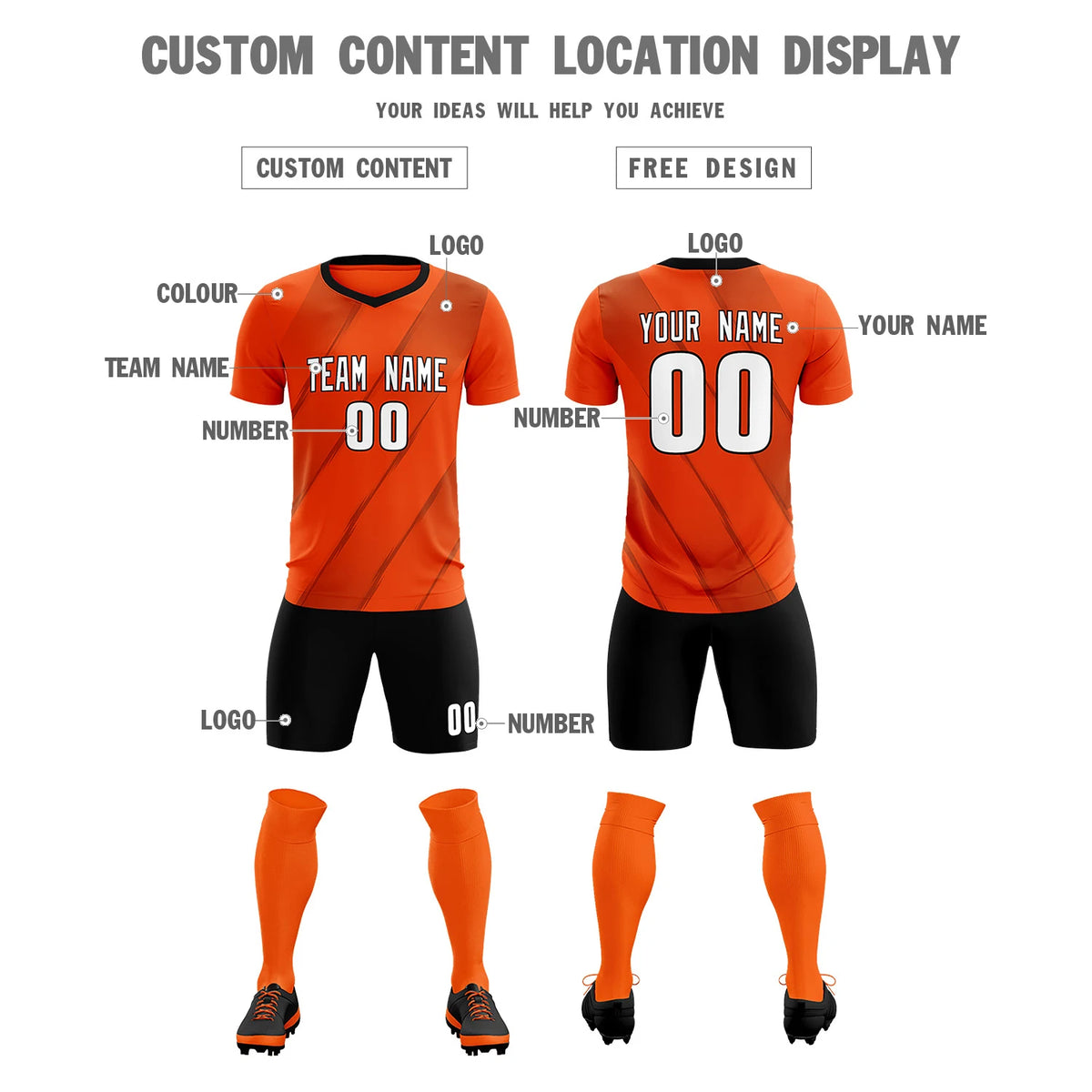 Custom Orange Black Printing Sportswear Soccer Sets Jersey