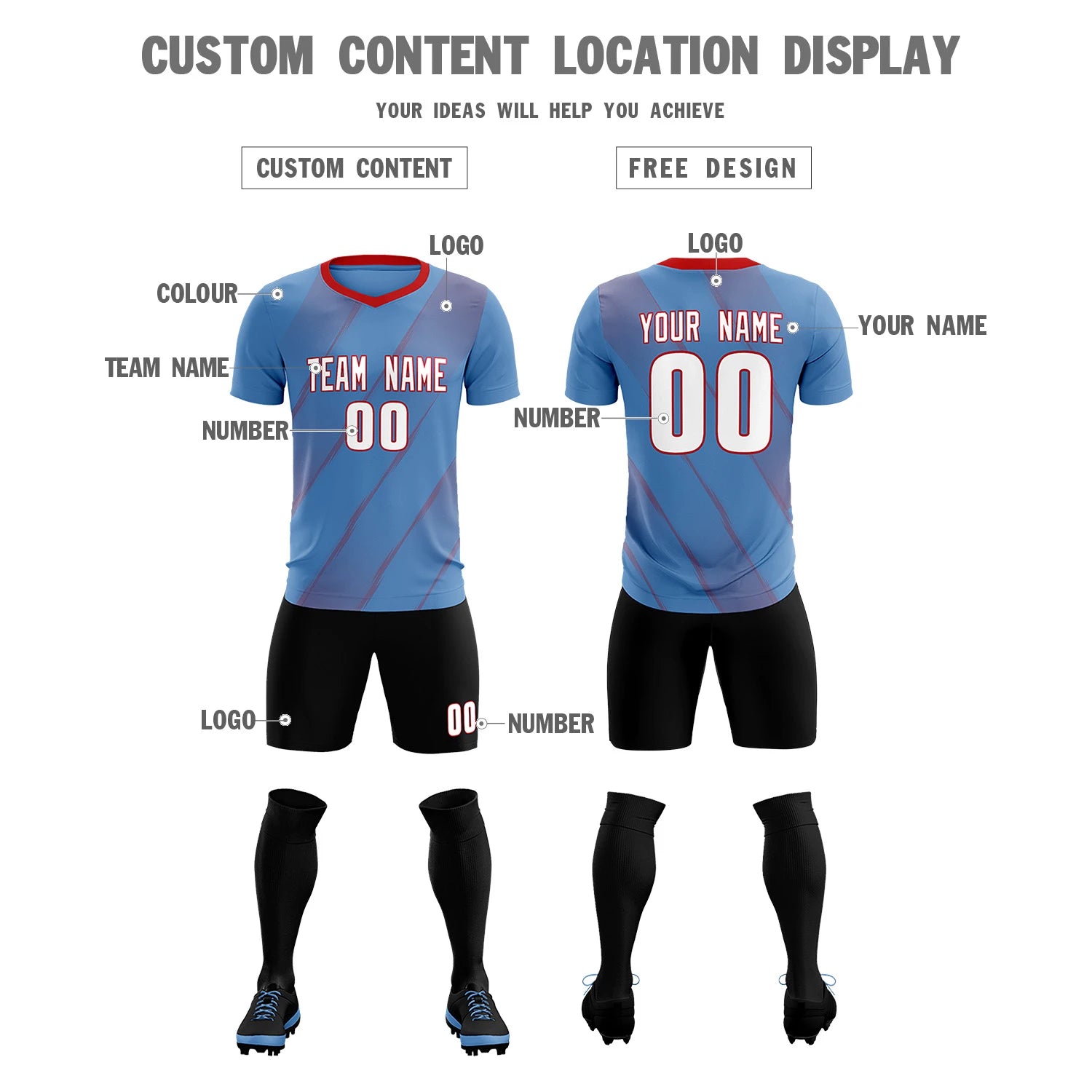 Custom Light Blue Red Printing Sportswear Soccer Sets Jersey