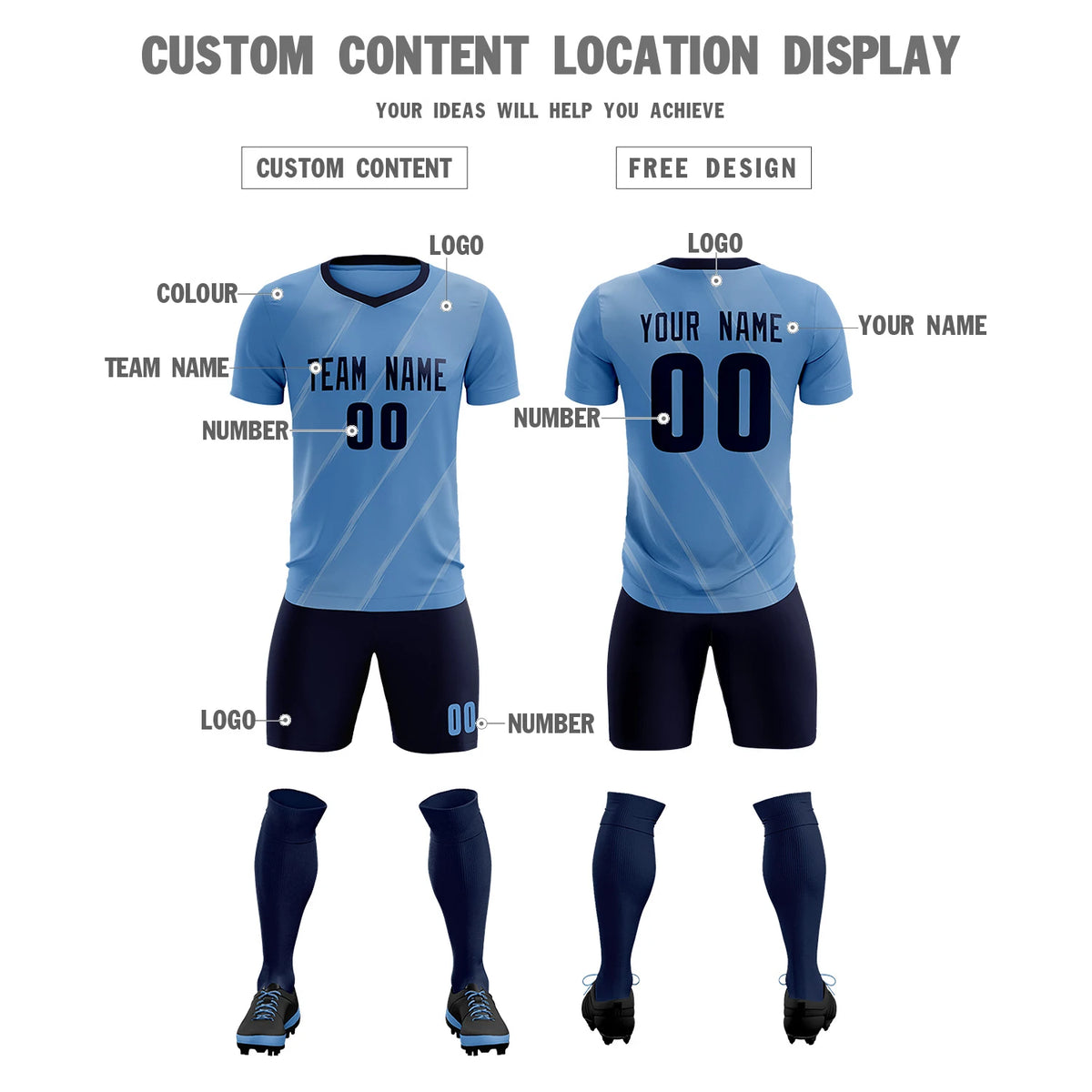 Custom Light Blue Navy Printing Sportswear Soccer Sets Jersey