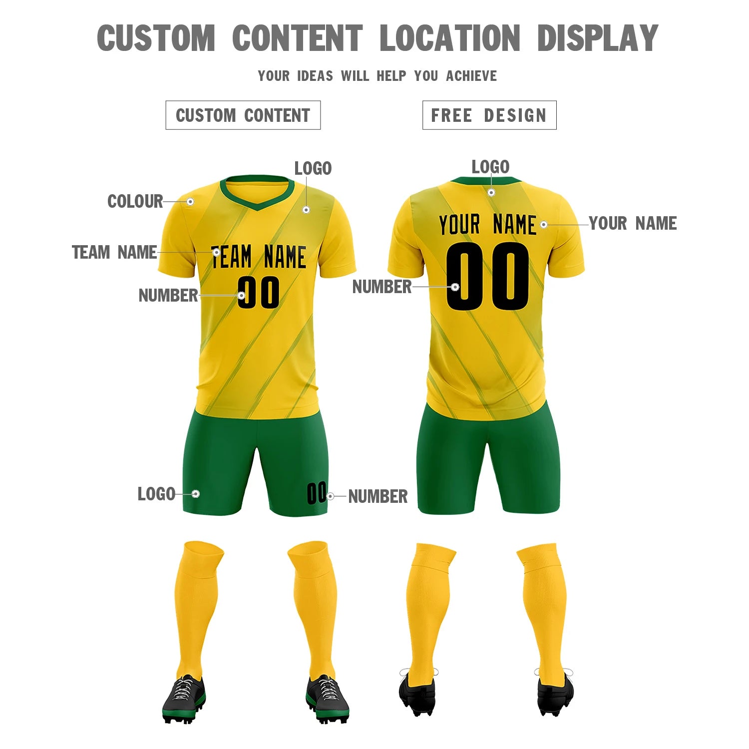 Custom Gold01 Kelly Green Printing Sportswear Soccer Sets Jersey