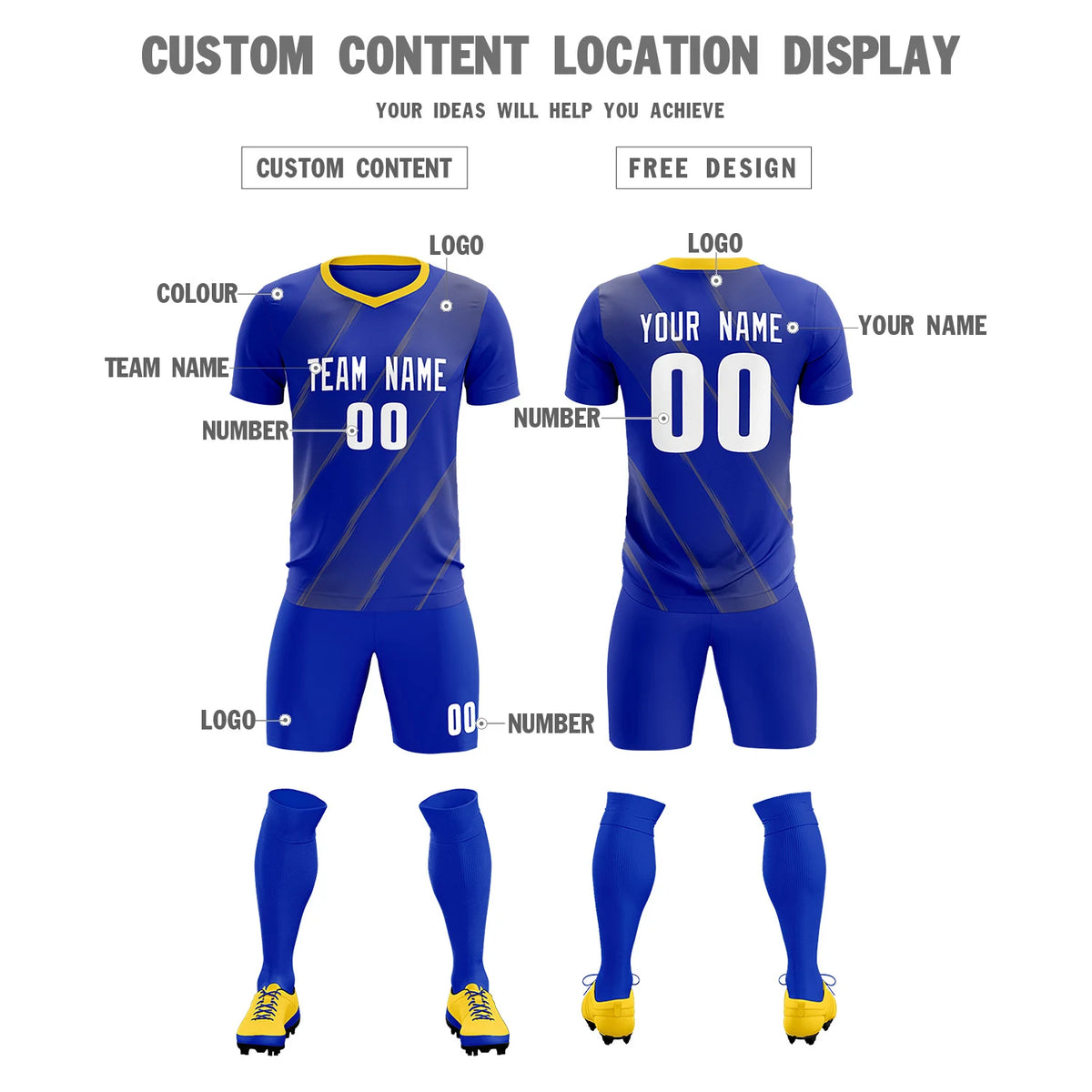 Custom Royal Blue Gold01 Printing Sportswear Soccer Sets Jersey
