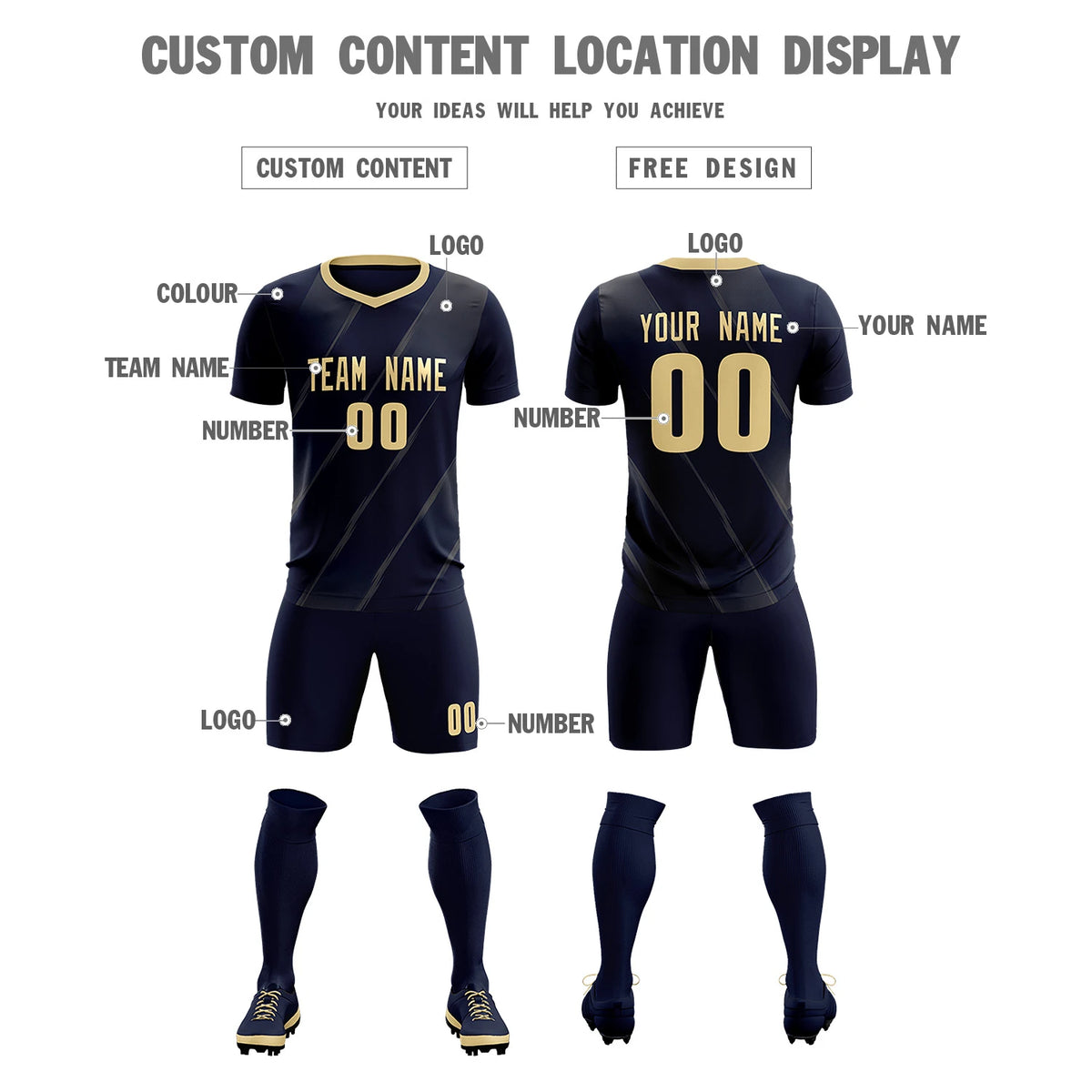 Custom Navy Khaki Printing Sportswear Soccer Sets Jersey