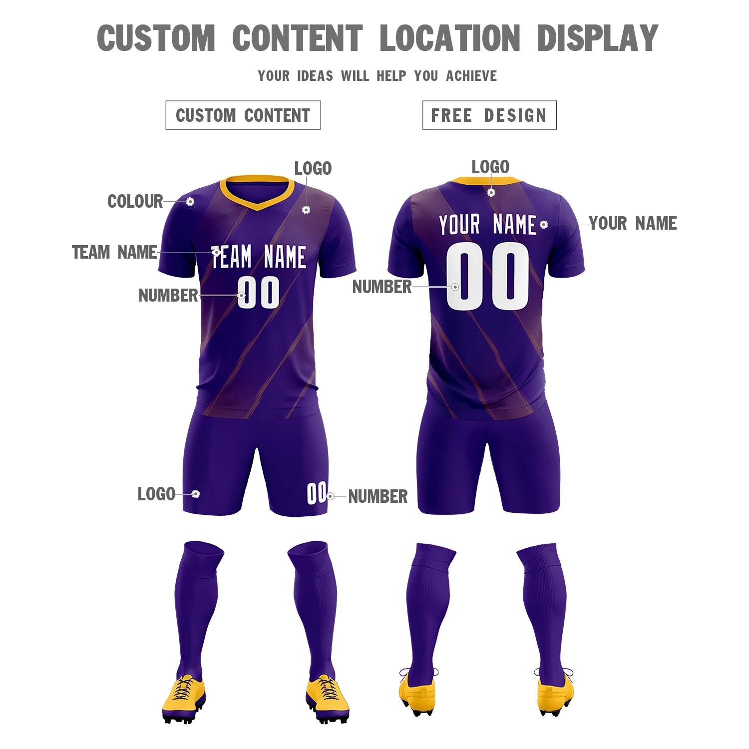 Custom Purple Yellow Printing Sportswear Soccer Sets Jersey