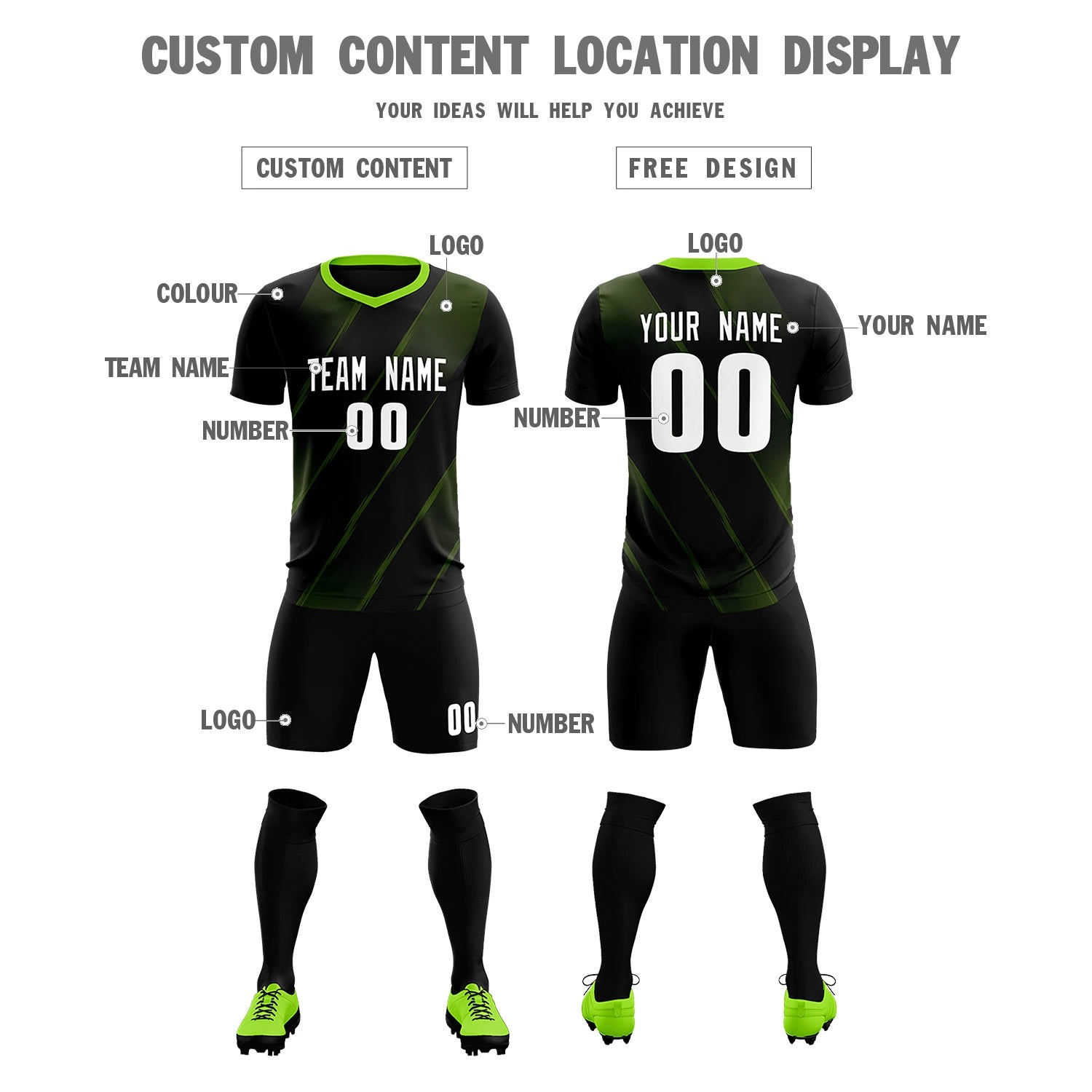 Custom Black Neon Green Printing Sportswear Soccer Sets Jersey