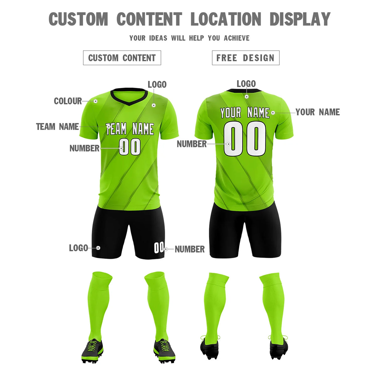 Custom Neon Green Black Printing Sportswear Soccer Sets Jersey
