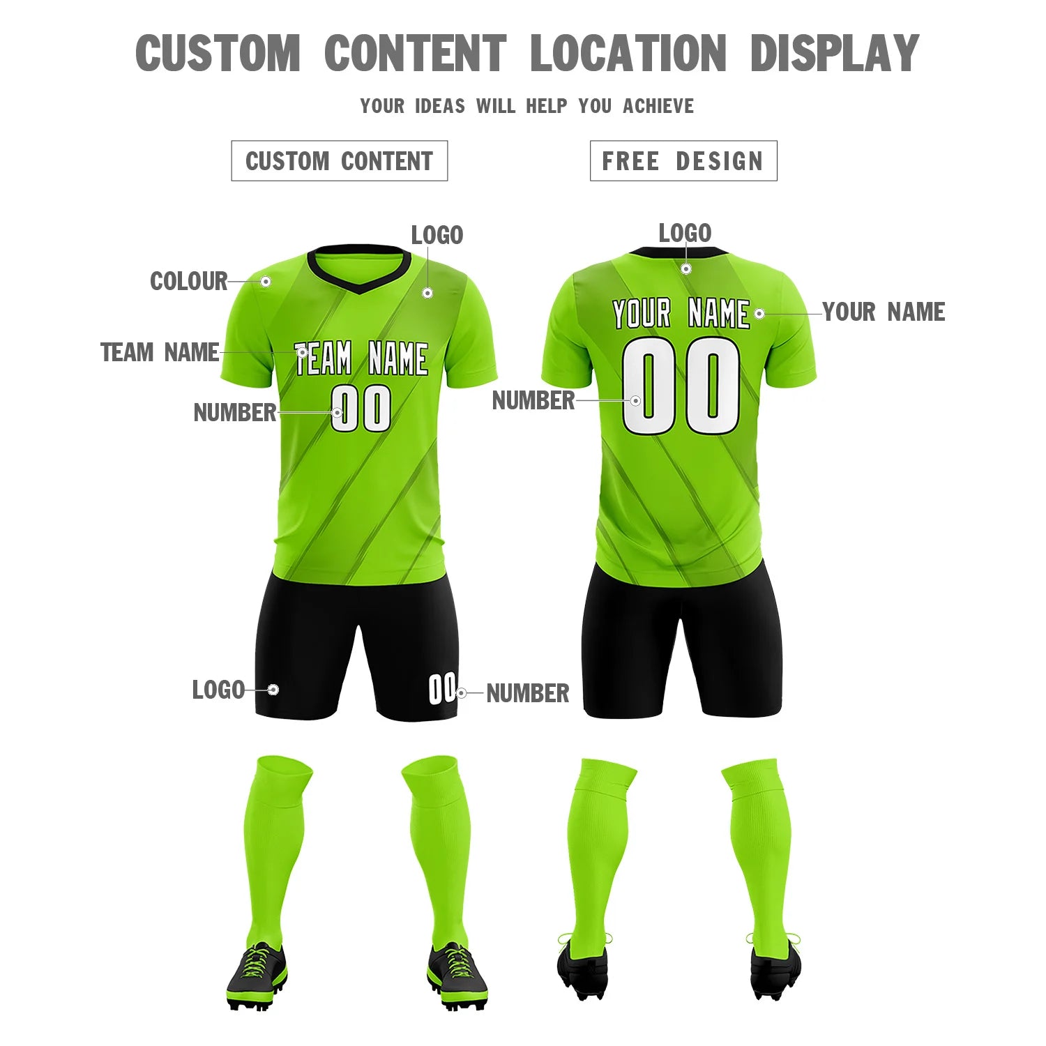 Custom Neon Green Black Printing Sportswear Soccer Sets Jersey