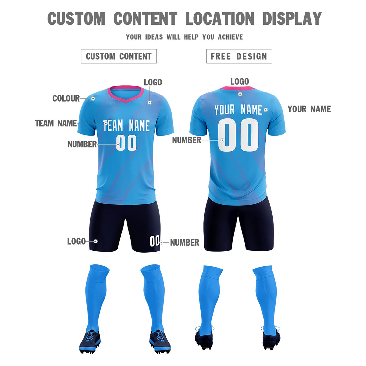 Custom Powder Blue Pink Printing Sportswear Soccer Sets Jersey