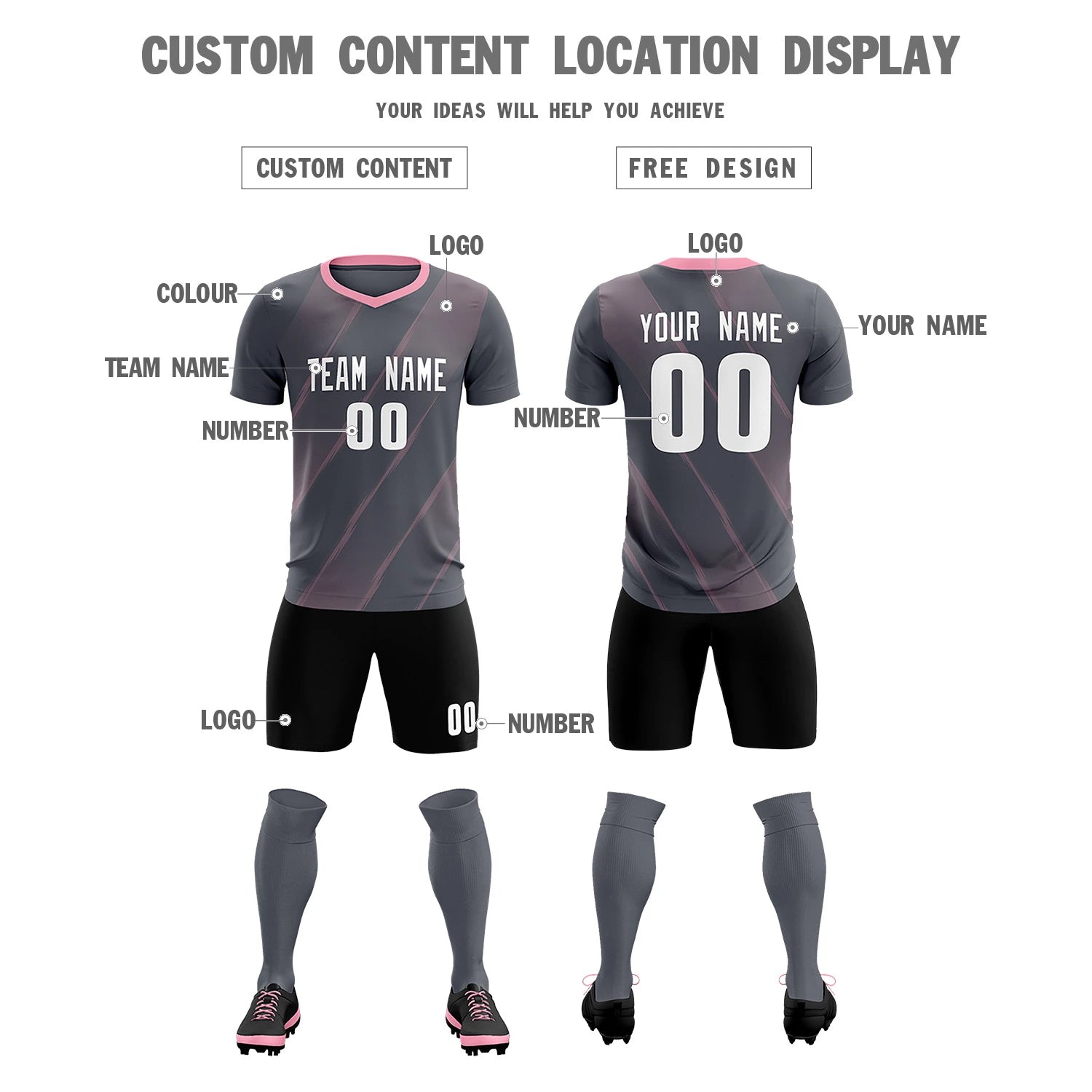 Custom Dark Gray Light Pink Printing Sportswear Soccer Sets Jersey