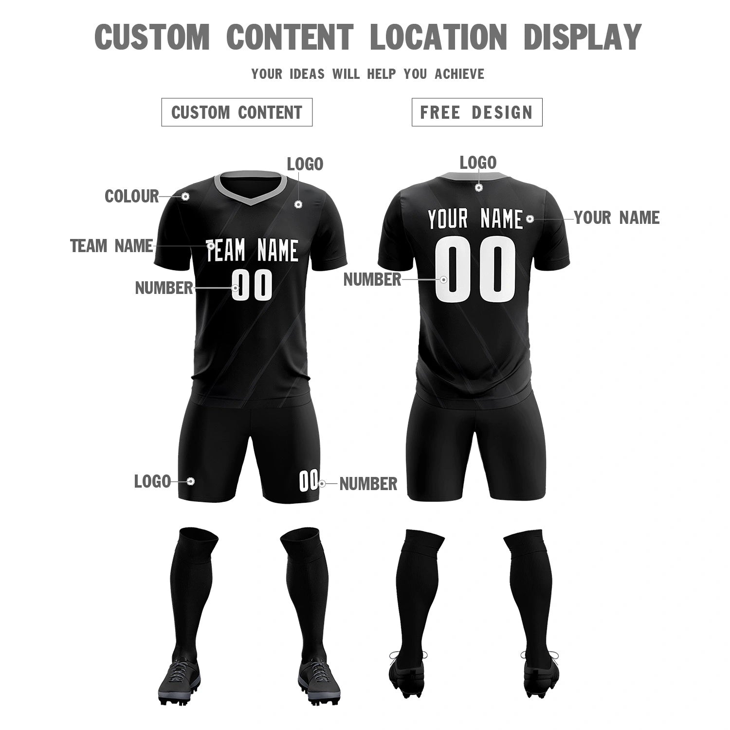 Custom Black Gray Printing Sportswear Soccer Sets Jersey