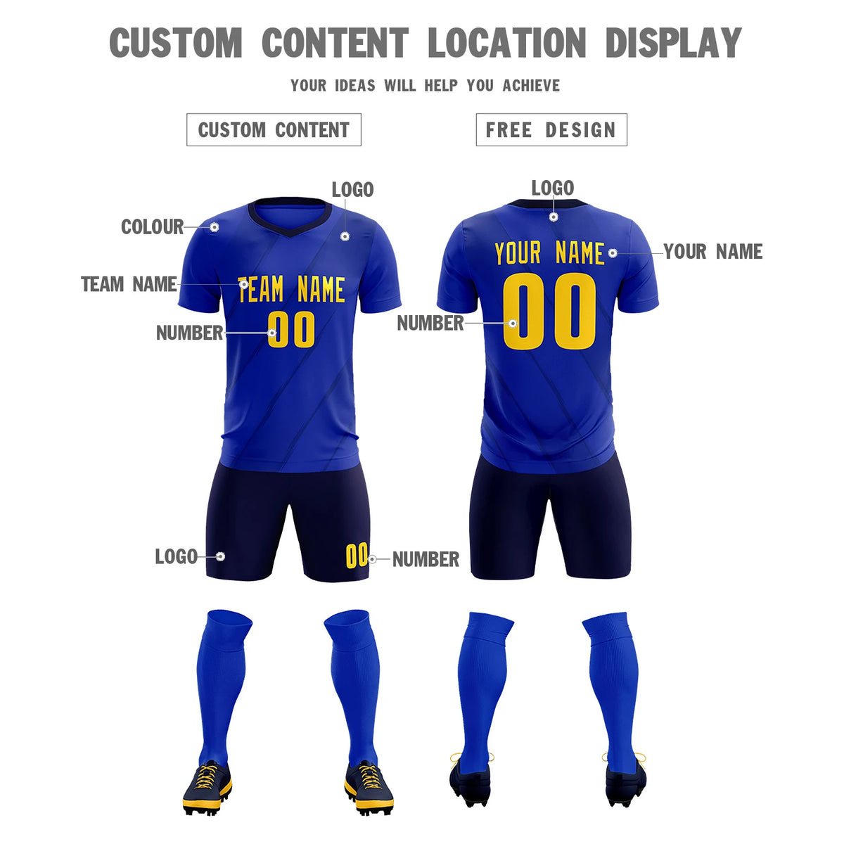 Custom Royal Blue Navy Printing Sportswear Soccer Sets Jersey