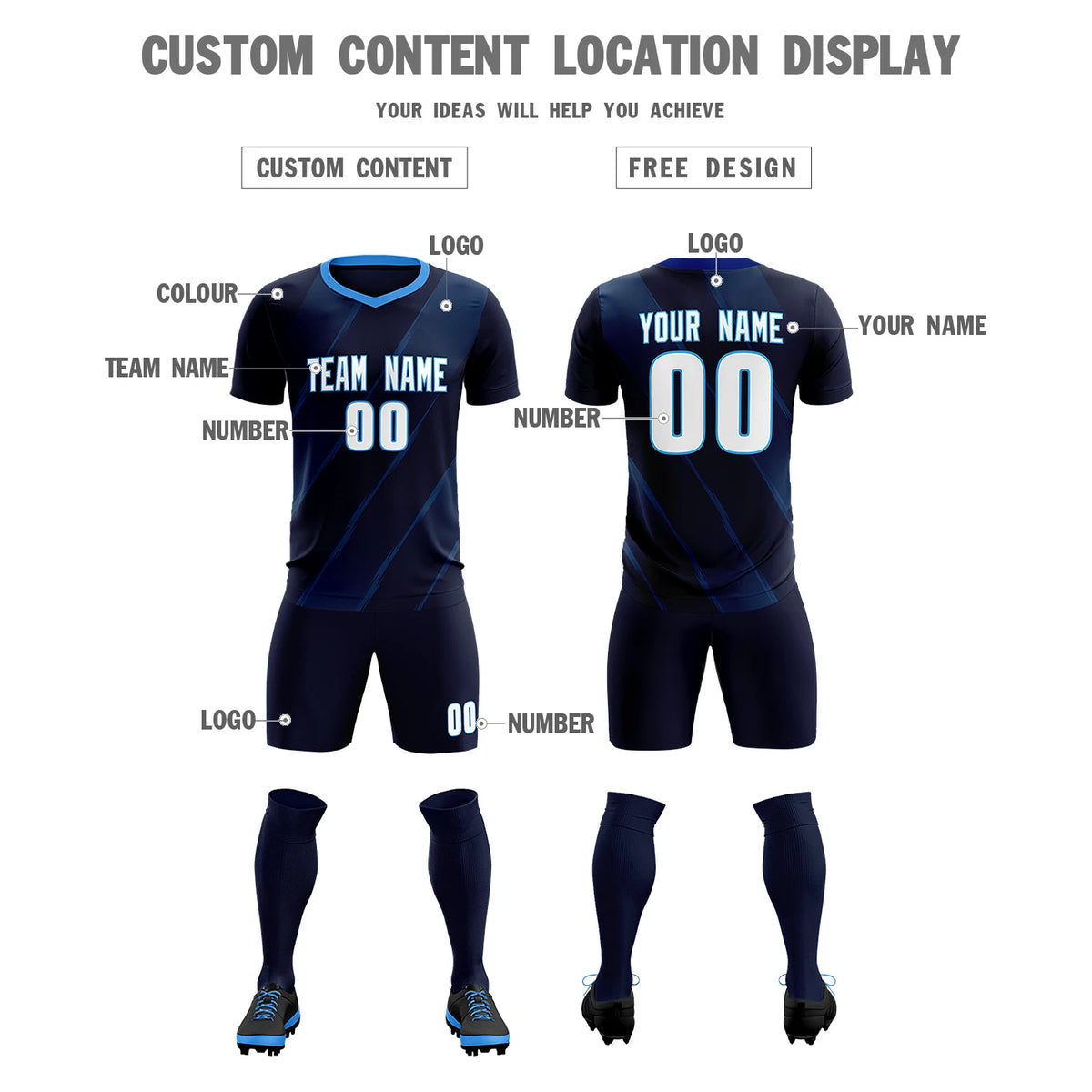 Custom Navy Powder Blue Printing Sportswear Soccer Sets Jersey