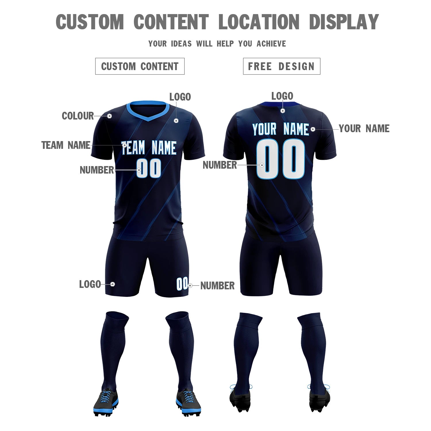 Custom Navy Powder Blue Printing Sportswear Soccer Sets Jersey