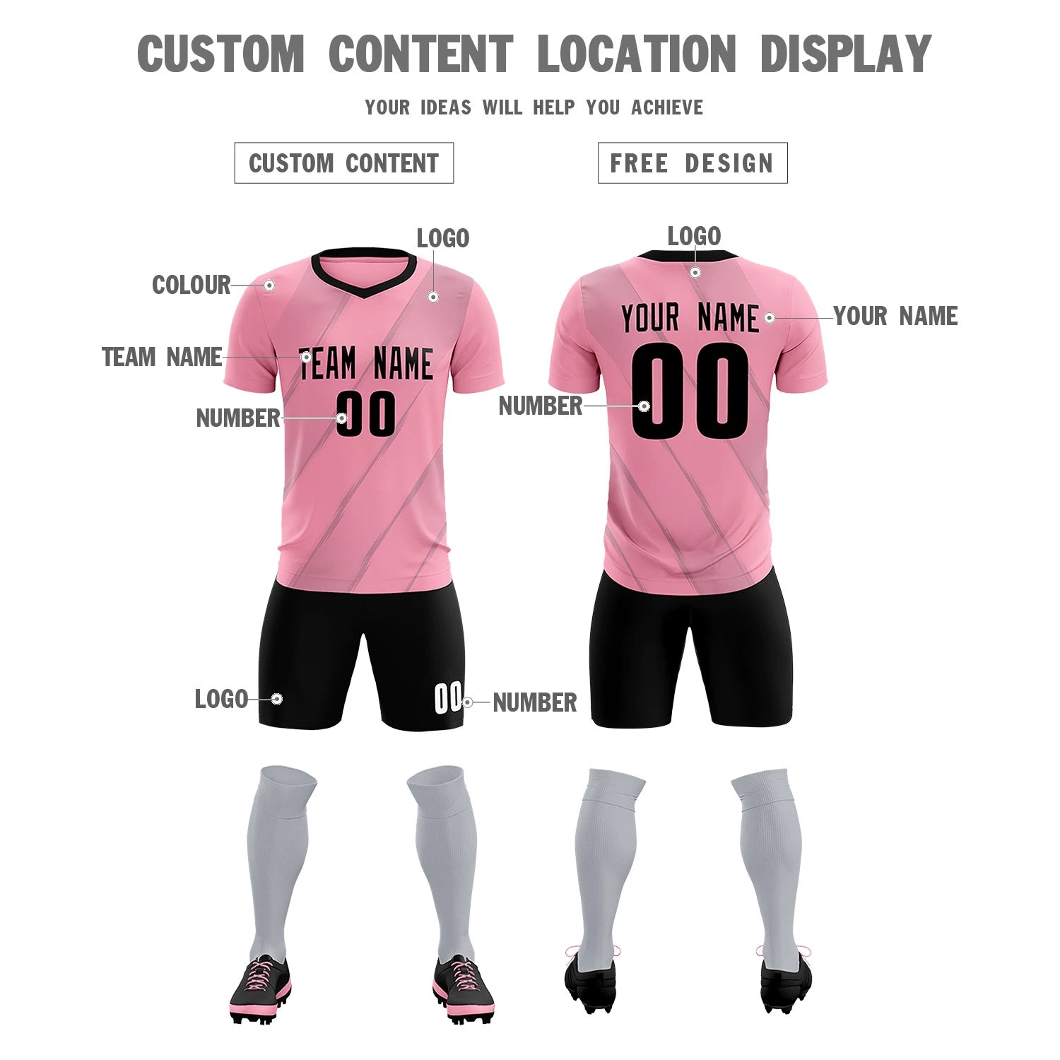 Custom Pink Gray Printing Sportswear Soccer Sets Jersey