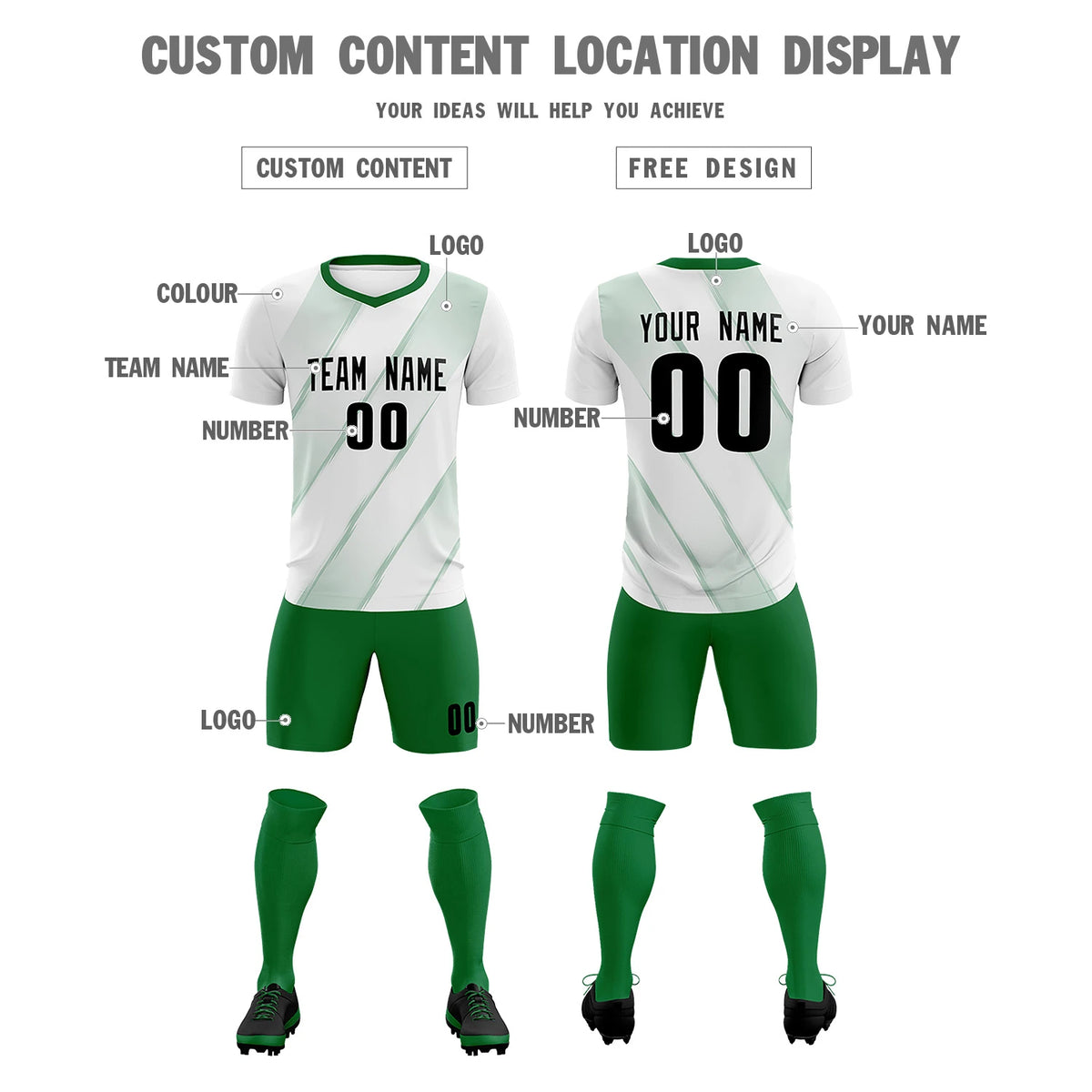 Custom White Kelly Green Printing Sportswear Soccer Sets Jersey