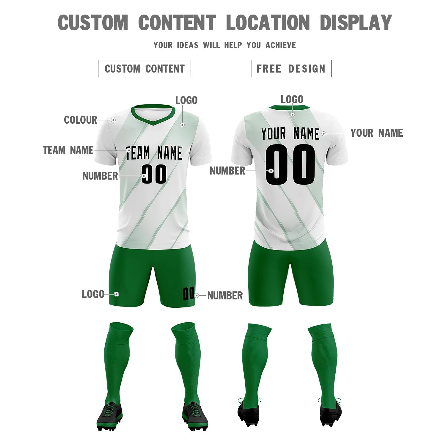 Custom White Kelly Green Printing Sportswear Soccer Sets Jersey