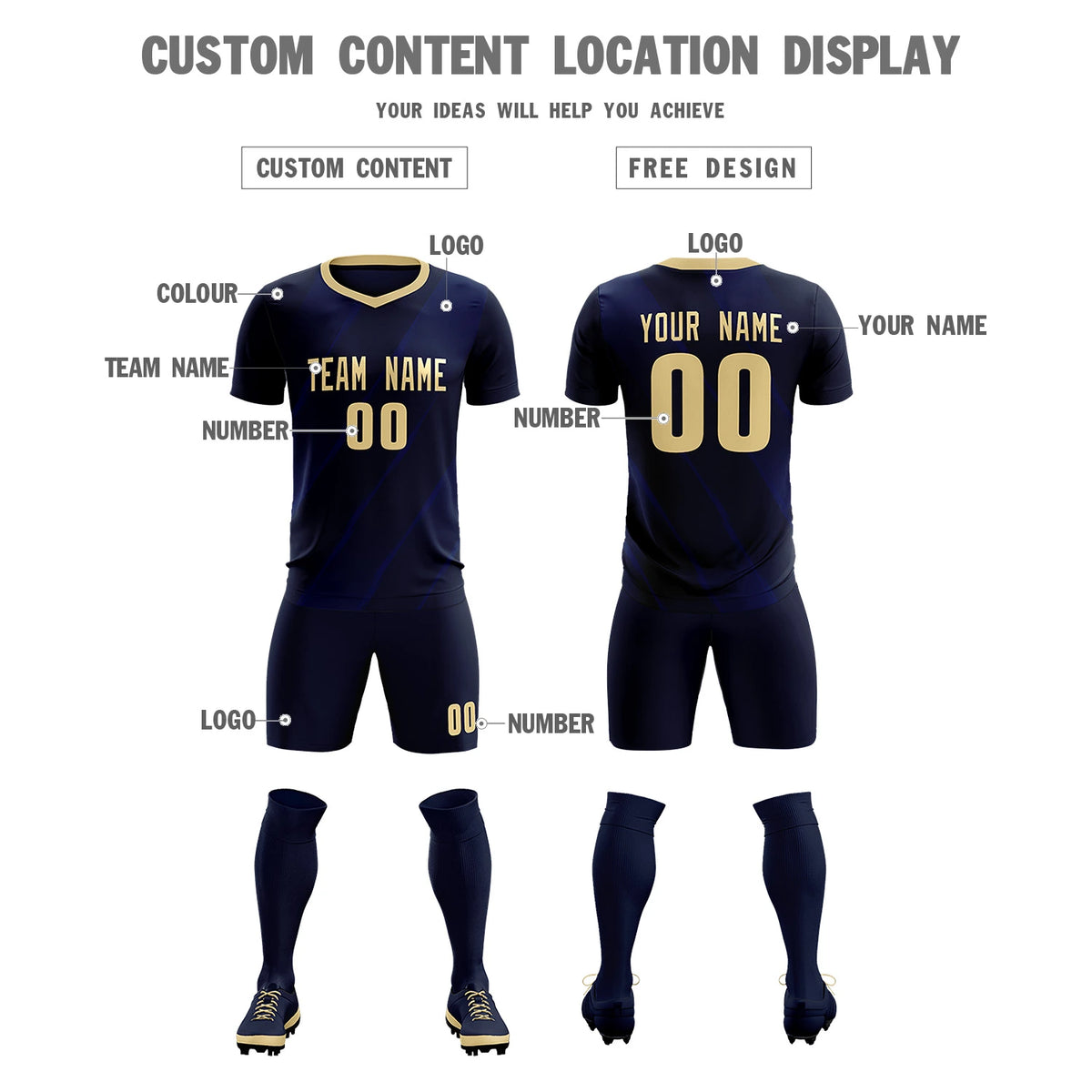 Custom Navy Khaki Printing Sportswear Soccer Sets Jersey