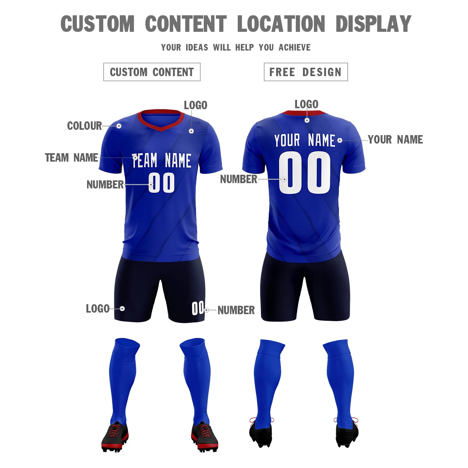 Custom Royal Blue Navy Printing Sportswear Soccer Sets Jersey
