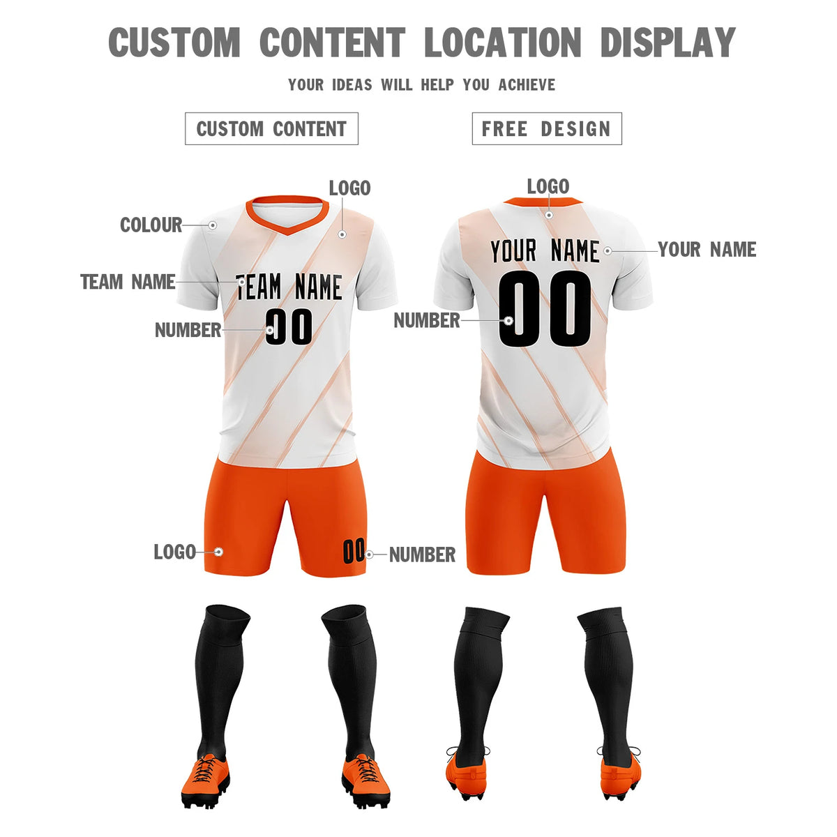 Custom White Orange Printing Sportswear Soccer Sets Jersey