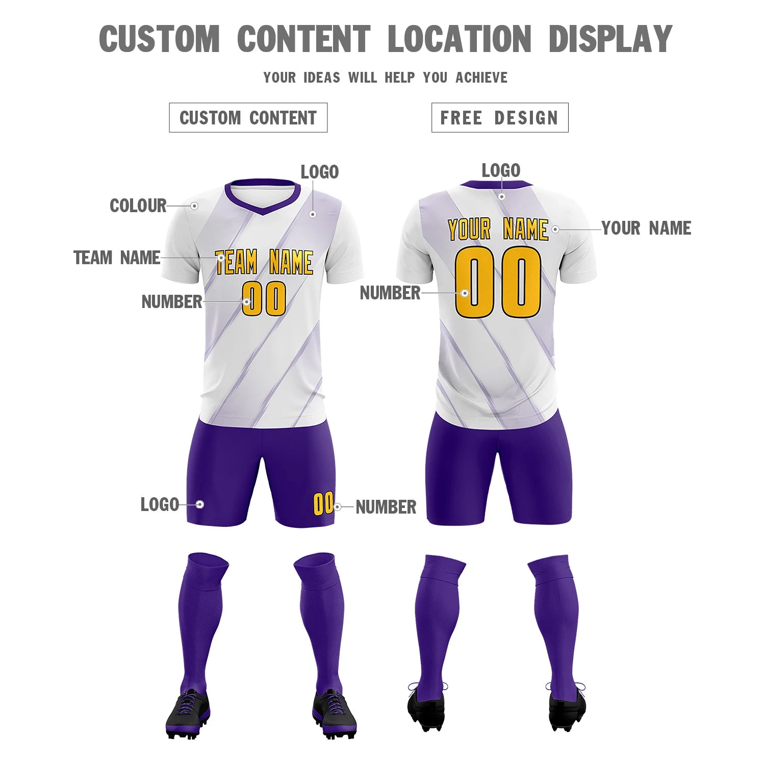 Custom White Purple Printing Sportswear Soccer Sets Jersey