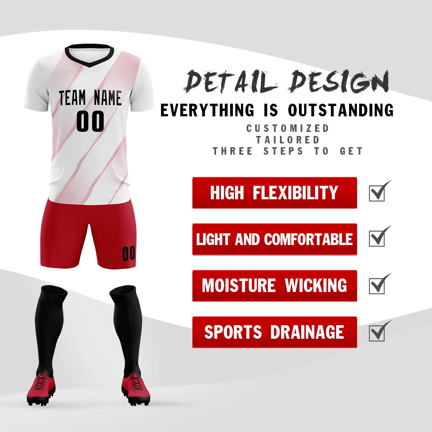 Custom White Red Printing Sportswear Soccer Sets Jersey