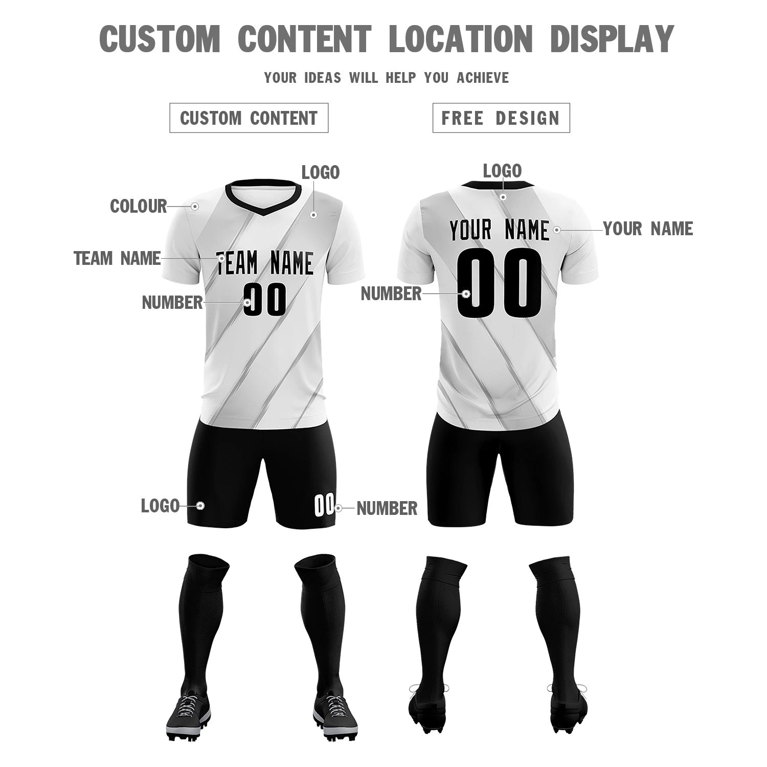 Custom White Black Printing Sportswear Soccer Sets Jersey