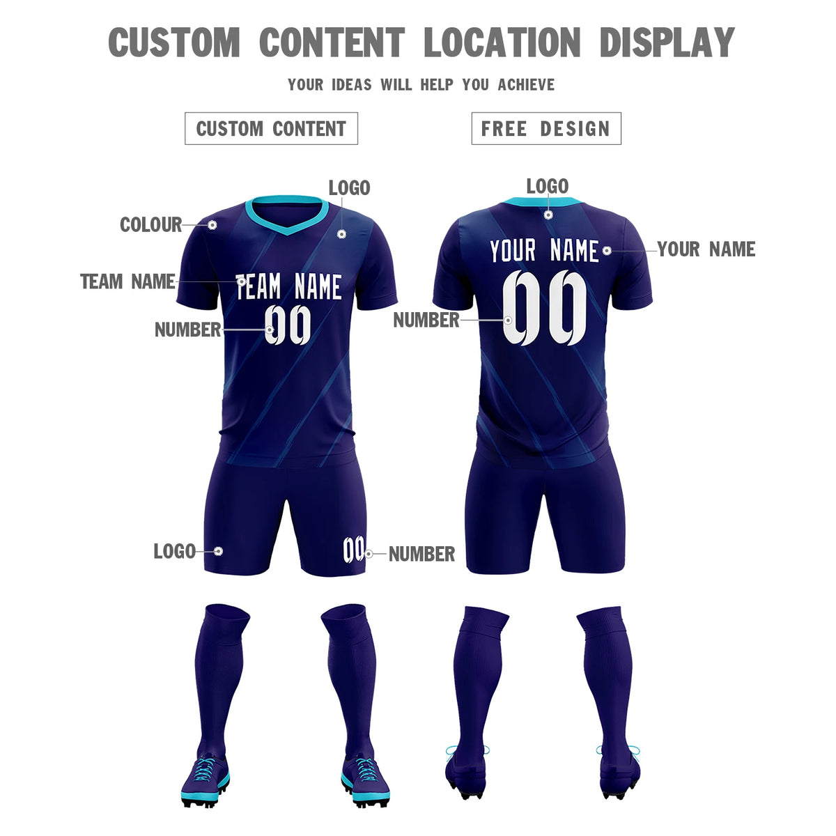 Custom Purple Sky Blue Printing Sportswear Soccer Sets Jersey